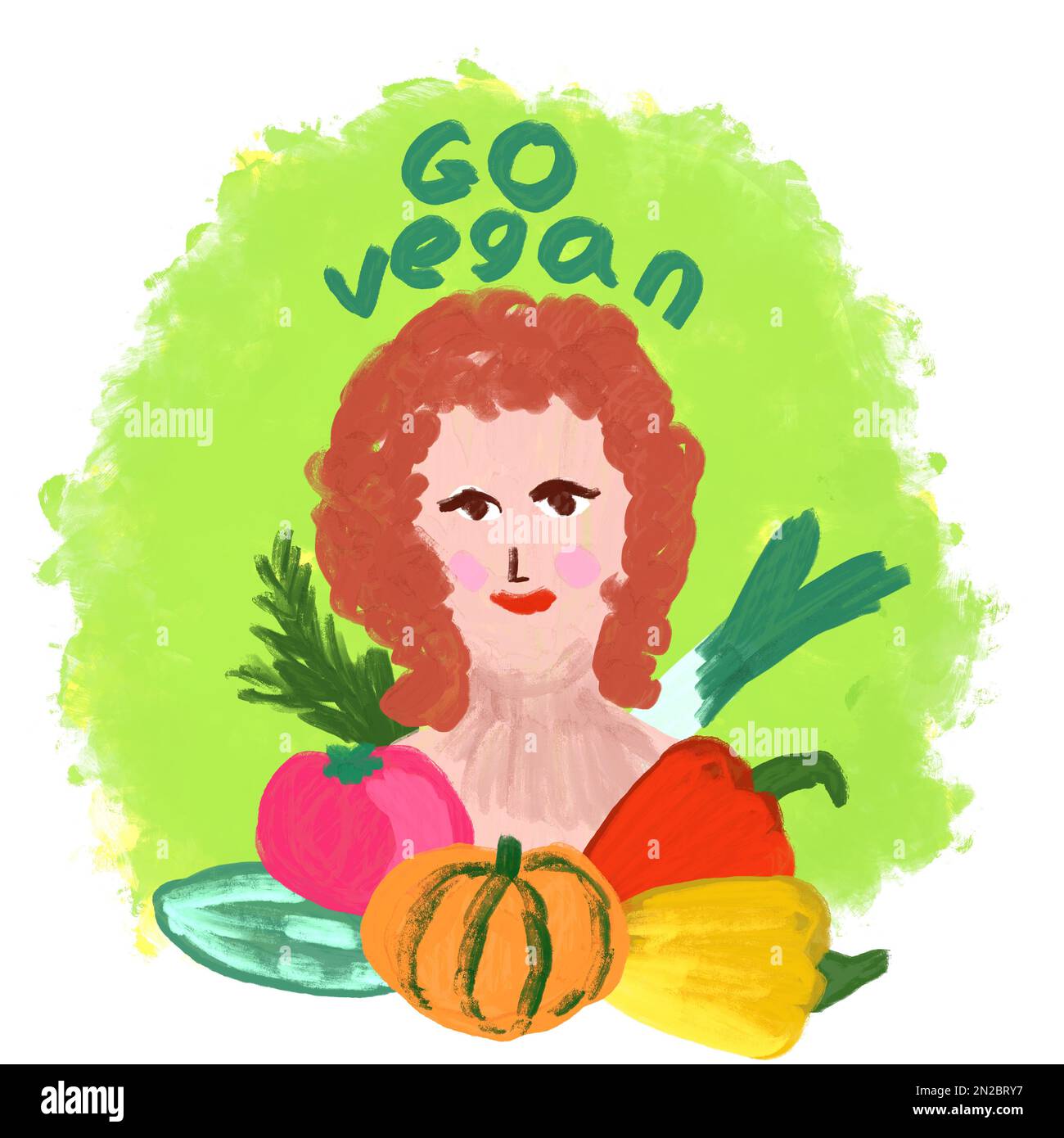 Handgezeichnete Künstlerdarstellung einer Frau mit verschiedenen Gemüsesorten. Verpackungslogo für grüne organische frische Lebensmittel, vegane Produkte aus Karotten-Tomaten, lockere Zeichnung im Malstil Stockfoto