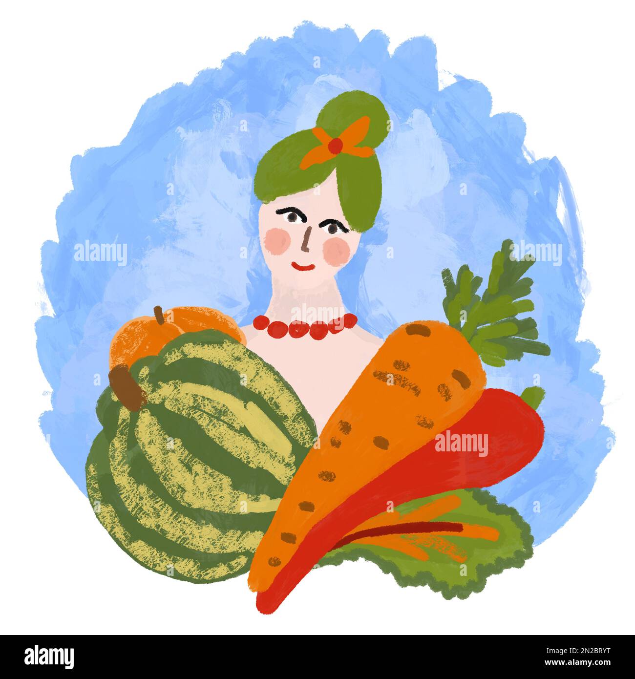 Handgezeichnete Künstlerdarstellung einer Frau mit verschiedenen Gemüsesorten. Verpackungslogo für grüne organische frische Lebensmittel, vegane Produkte aus Karotten-Tomaten, lockere Zeichnung im Malstil Stockfoto
