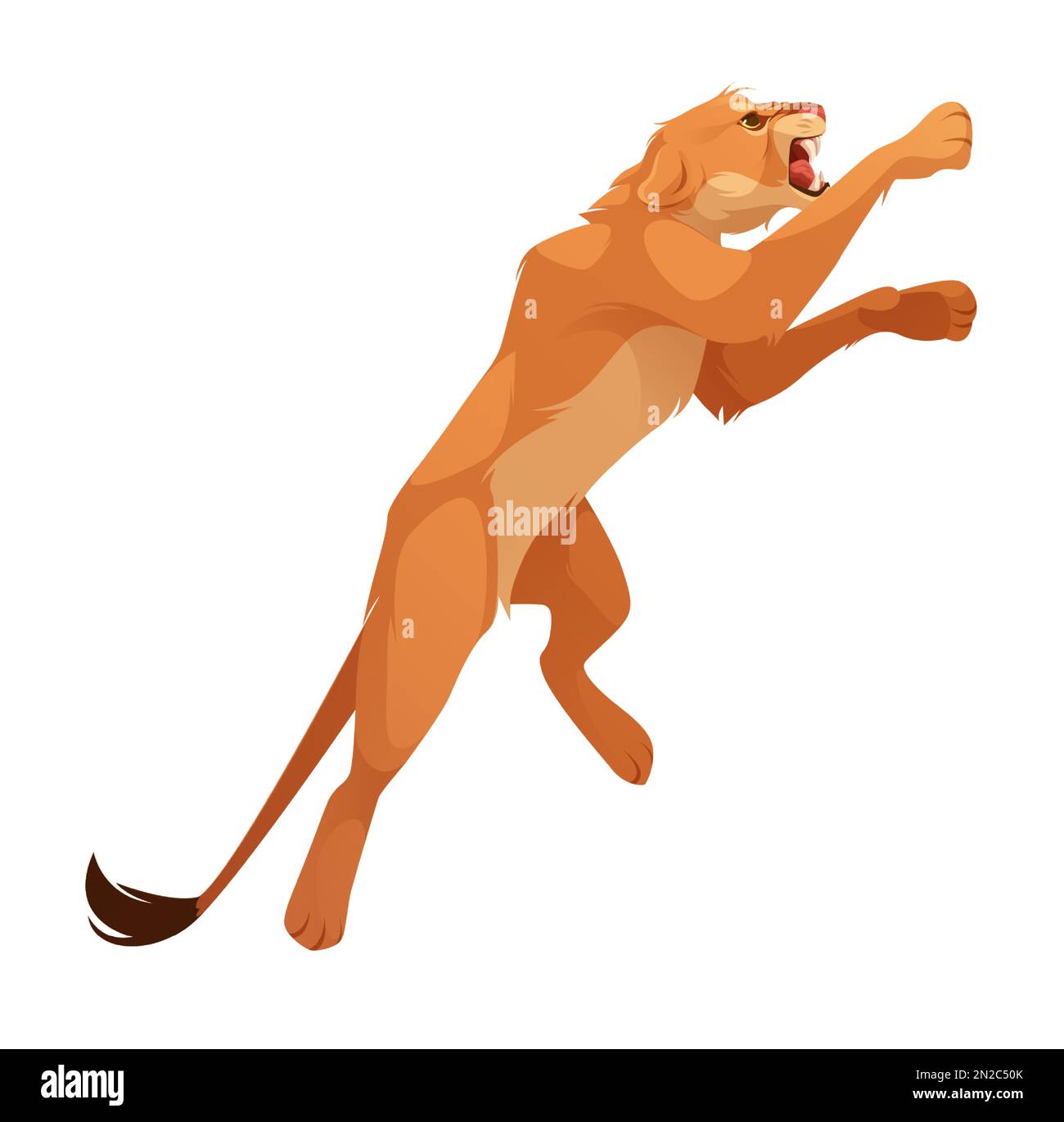 Löwin, wilde Katze springt und beißt. Wütendes afrikanisches Katzentier, weibliche Löwenfigur in hüpfender Pose isoliert auf weißem Hintergrund, Vektorgrafik Stock Vektor