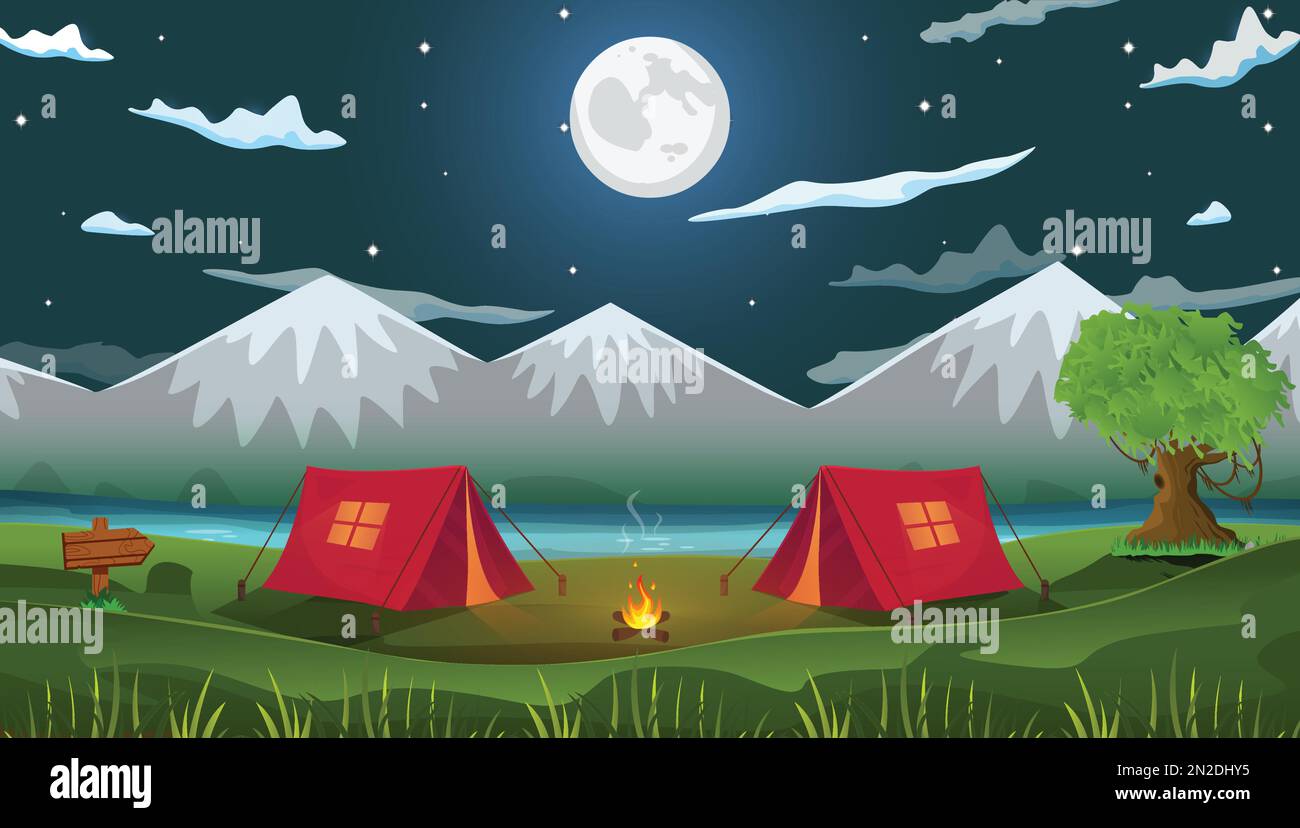 Nacht natürliche Cartoon-Hintergrund-Campingszene mit zwei Zelten, Feuer, See, Berge mit Bäumen und Nachthimmel-Cartoon-Vektorgrafik. Stock Vektor