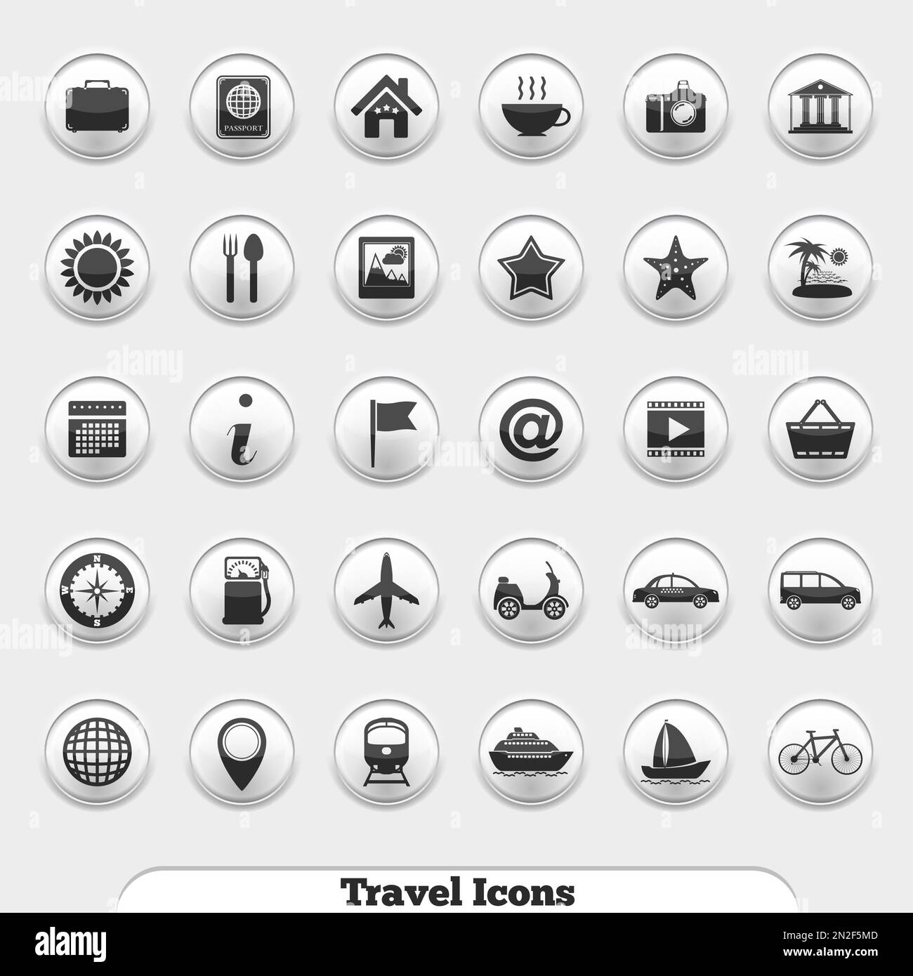 Satz verschiedener Reisesymbole in runden Schaltflächen, Vektor EPS10-Abbildung Stock Vektor