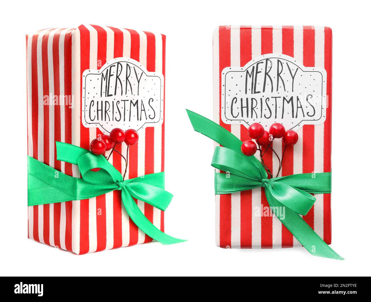 Collage mit Weihnachtsgeschenkbox auf weißem Hintergrund, Blick von verschiedenen Seiten Stockfoto