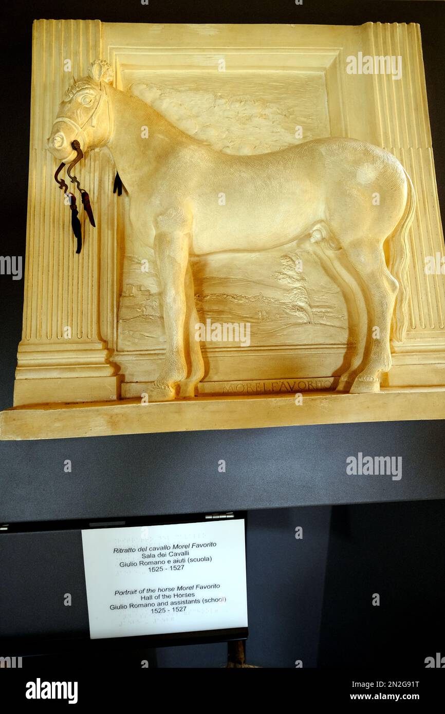 Statue eines Pferdes im Pferdesaal im Palazzo Te in Mantua Italien Stockfoto