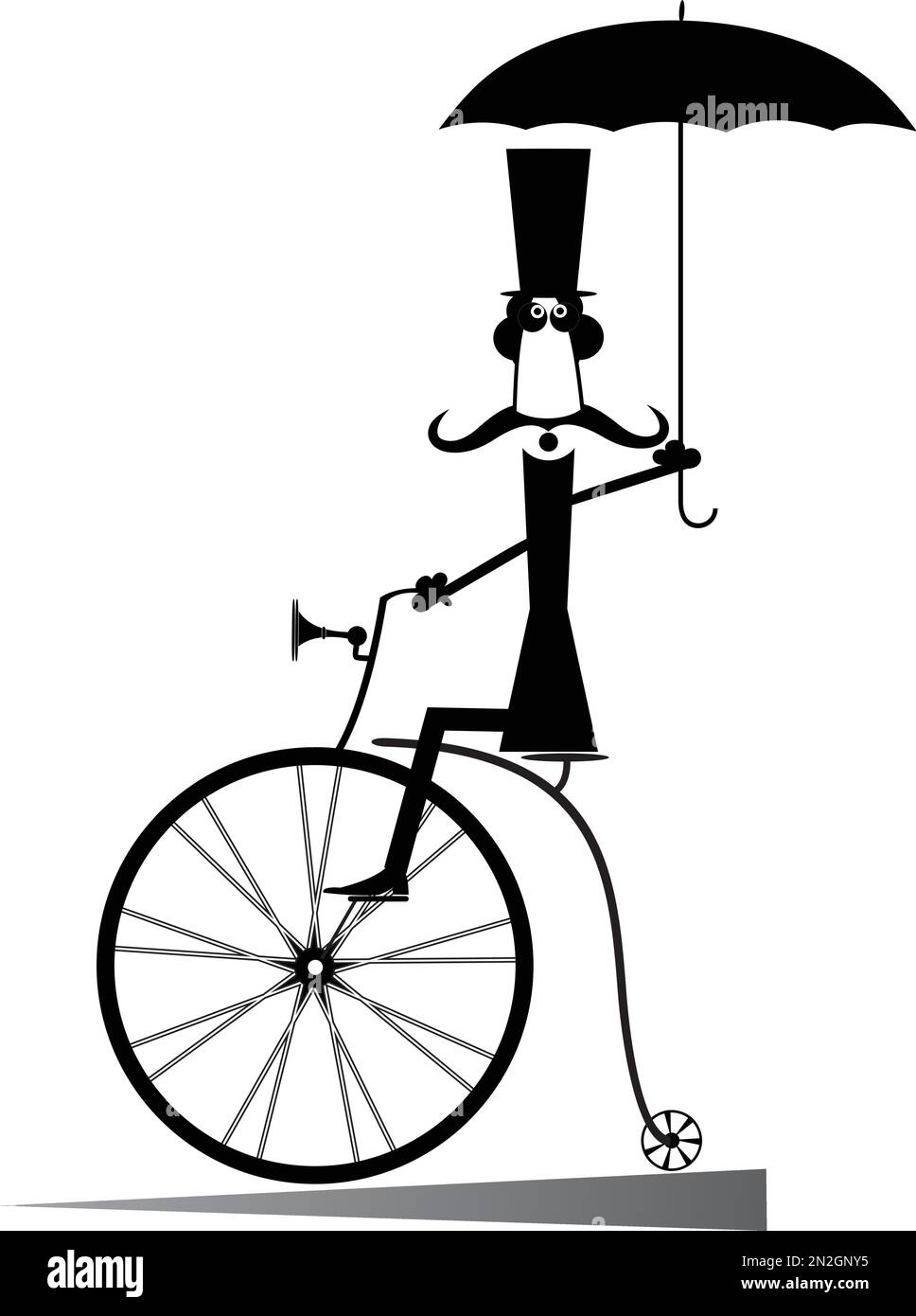 Cartoon-Mann fährt Fahrrad. Ein Gentleman mit Schnurrbart, Hut und Schirm fährt ein Retro-Fahrrad und sieht gesund und glücklich aus. Schwarz auf Weiß Stock Vektor