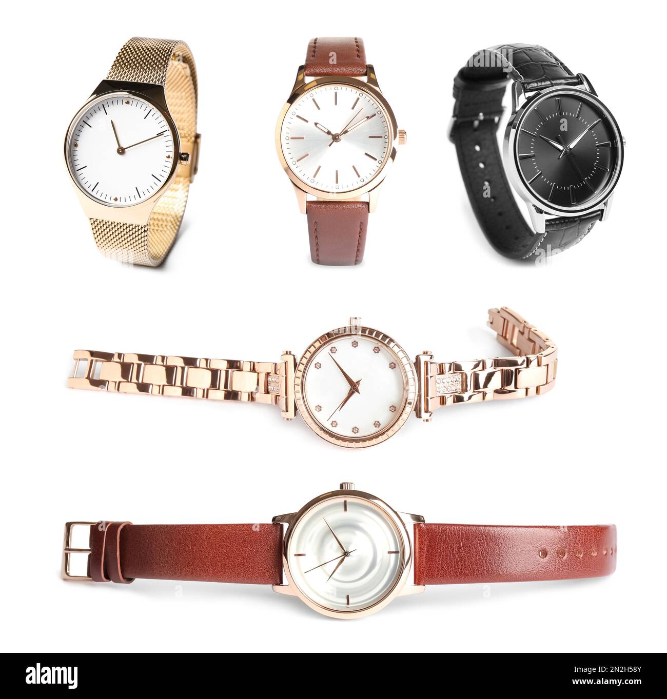 Collage mit eleganten Uhren auf weißem Hintergrund Stockfoto