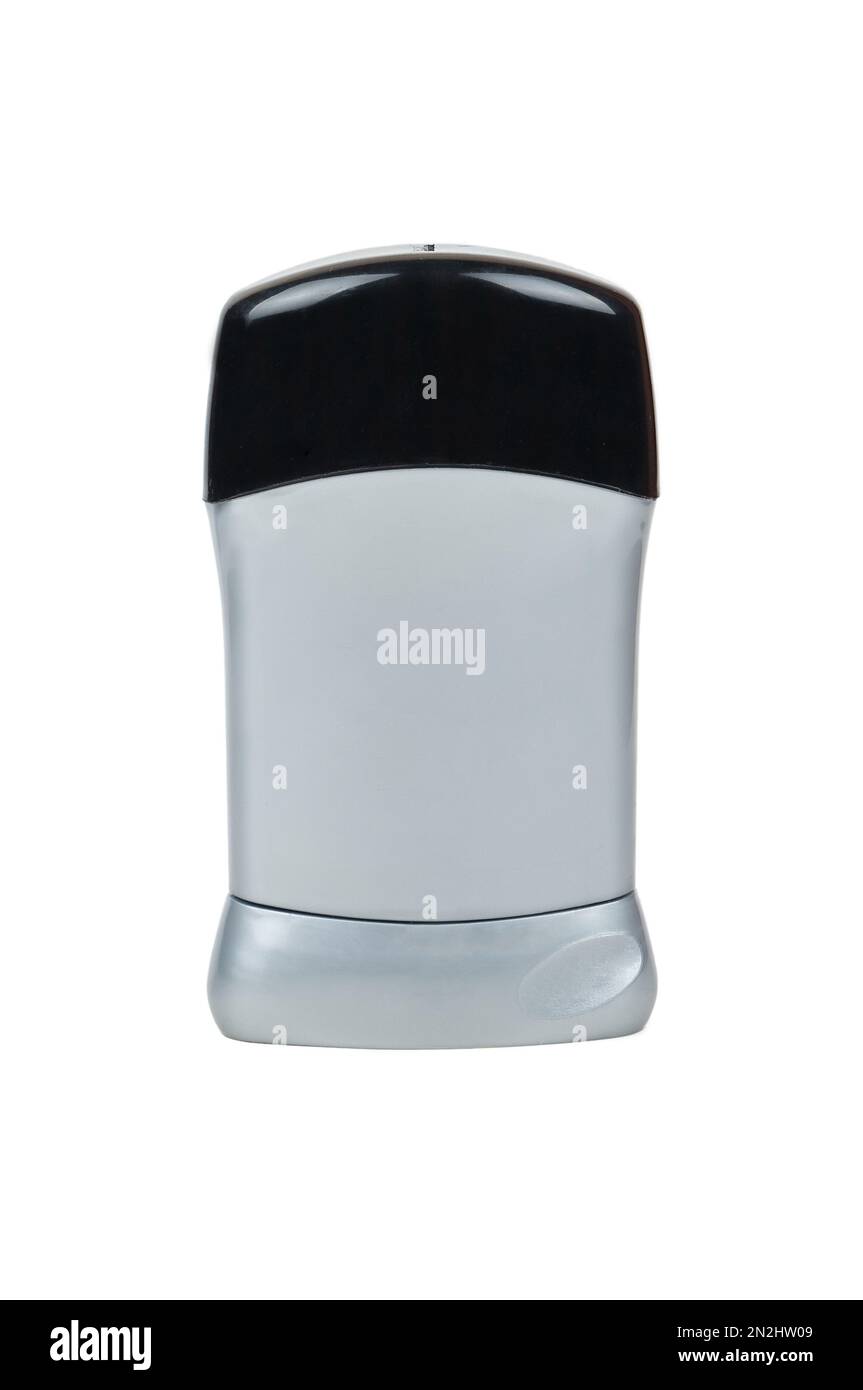Graue Deodorant-Kunststoffröhre mit schwarzem Verschluss, isoliert auf weißem Hintergrund. Stockfoto