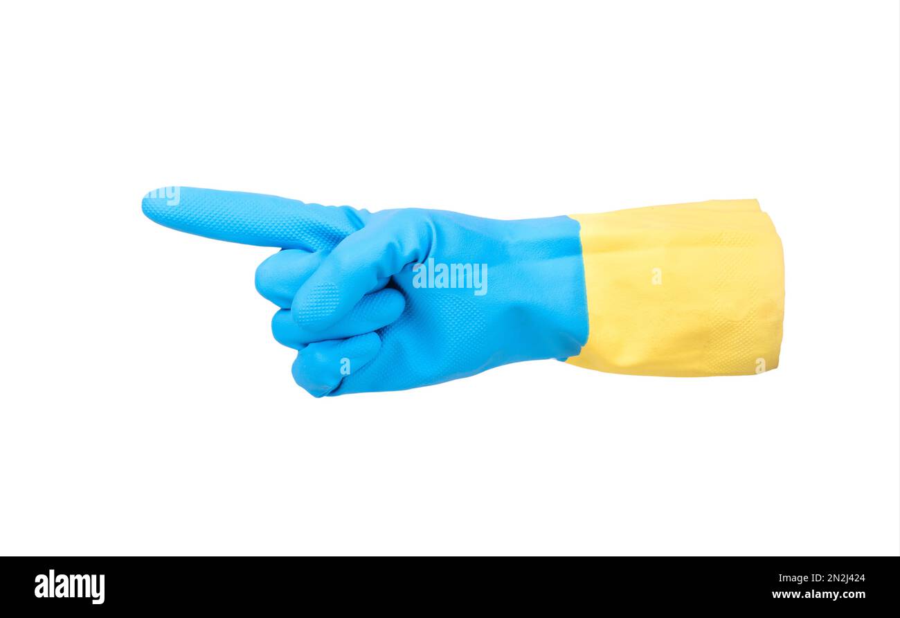 Gelbblauer Gummihandschuh unter der ukrainischen Flagge, der die isolierte Richtung auf weißem Hintergrund angibt. Stockfoto