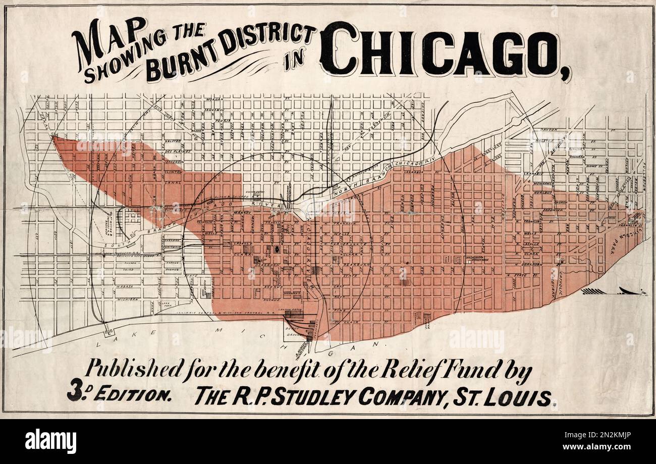 Karte mit dem verbrannten Viertel in Chicago von R.P. Studley Kompanie. Poster wurde 1870 in den USA veröffentlicht. Stockfoto