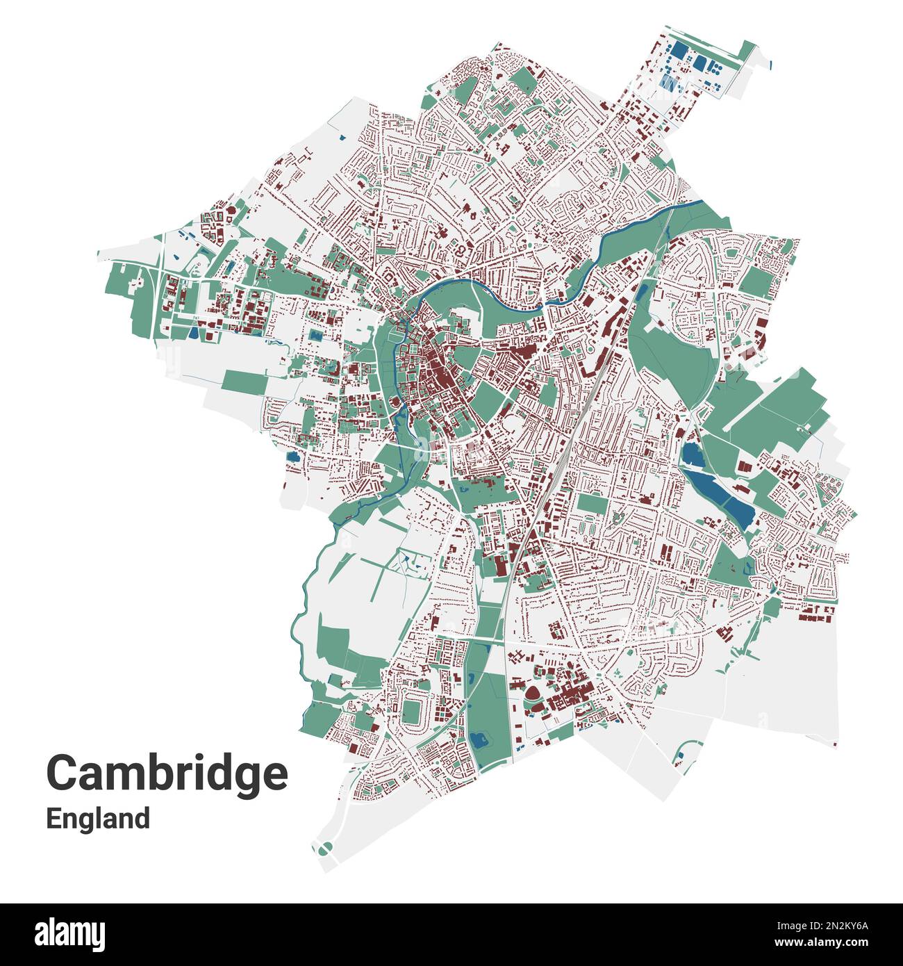 Stadtplan von Cambridge, England, Vereinigtes Königreich. Detaillierte Verwaltungskarte mit Straßen und Eisenbahnen, Parks, Gebäuden und Flüssen. Stadtgrenzen. Stock Vektor