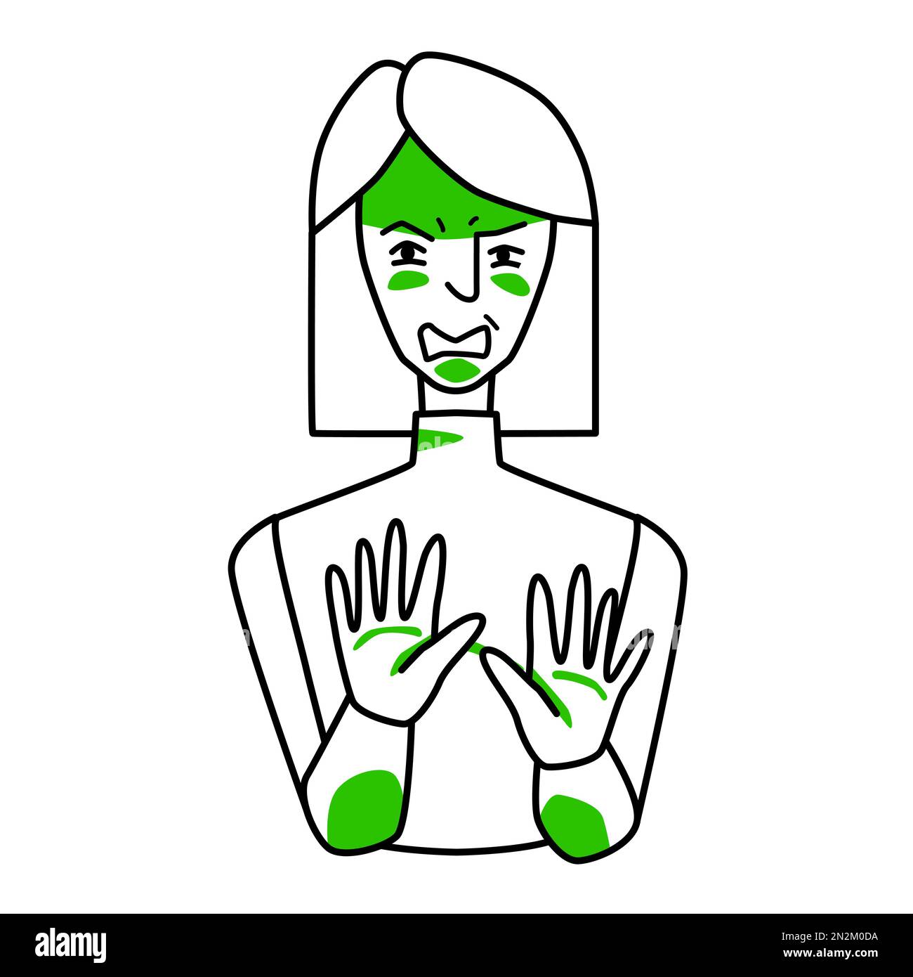 Eine Frau mit Emotionen. Angewiderte halbkörperliche weibliche Figur mit quadratischer Frisur, negative Abscheu-Stimmung, nicht mit ihren Händen. Linie mit Punkten Stock Vektor