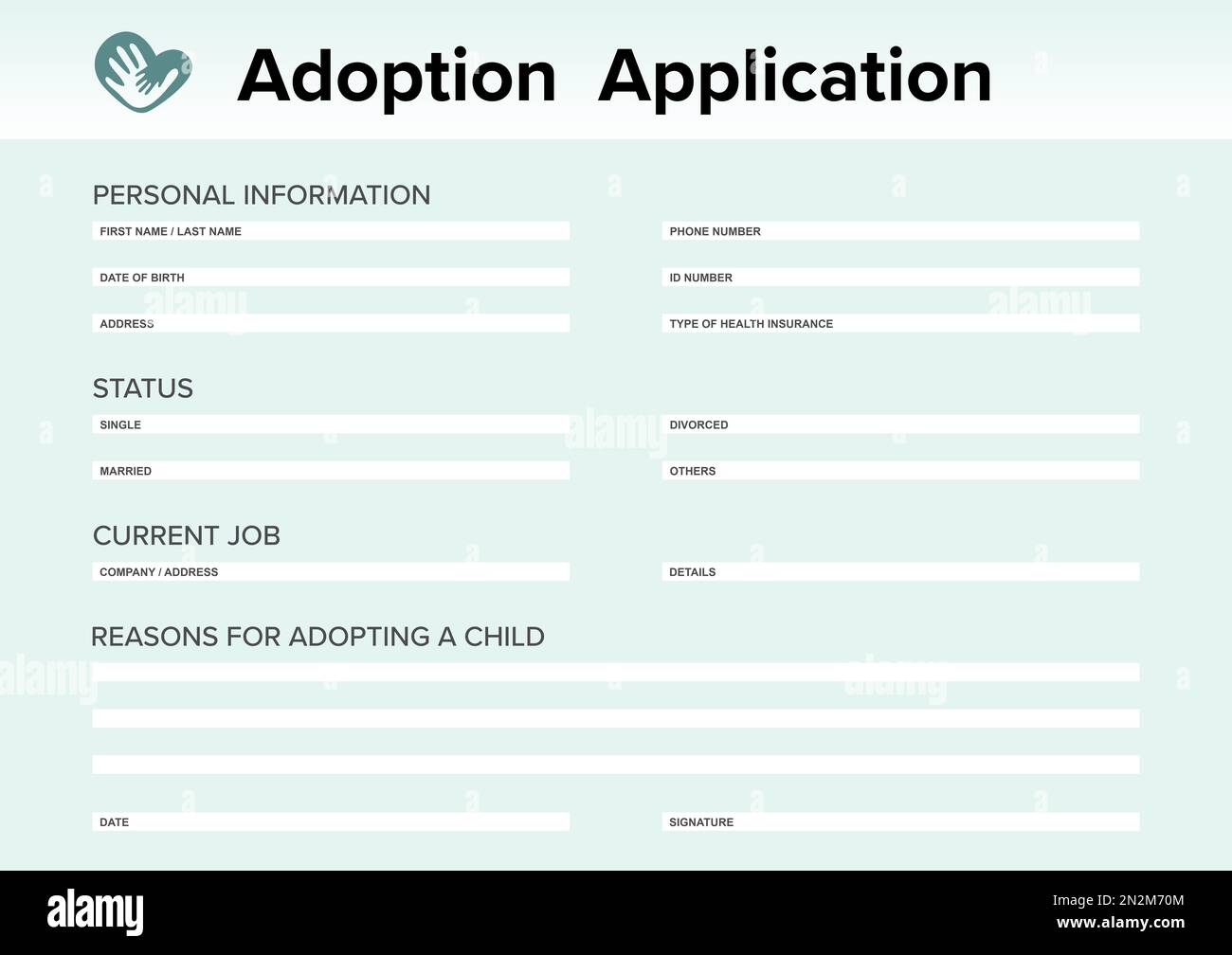 Adoptionsantrag. Fragebogen mit Platz für Antworten Stockfoto