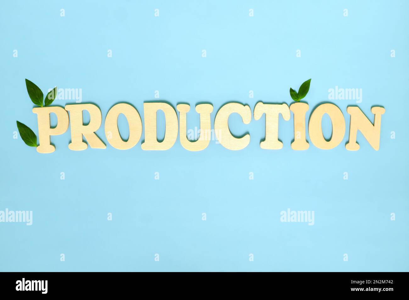Konzept der nachhaltigen Produktion und Fertigung. Flaches Wort mit frischen grünen Blättern. Stockfoto