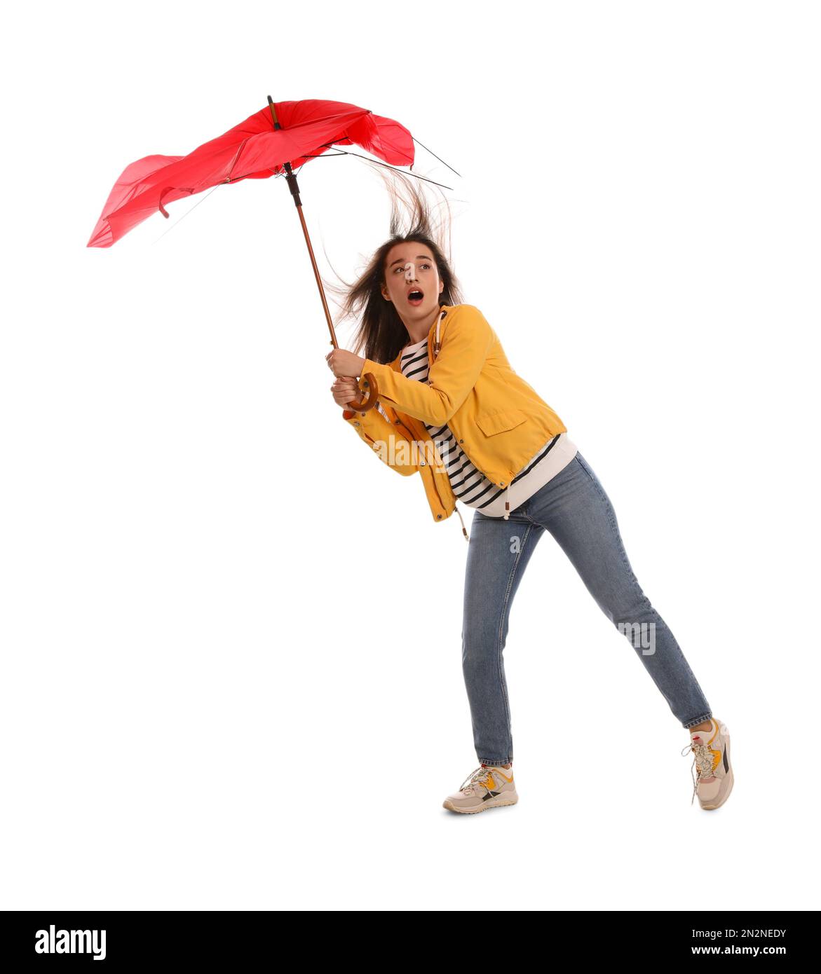 Emotionale Frau mit Regenschirm, die in Windböen auf weißem Hintergrund gefangen war Stockfoto