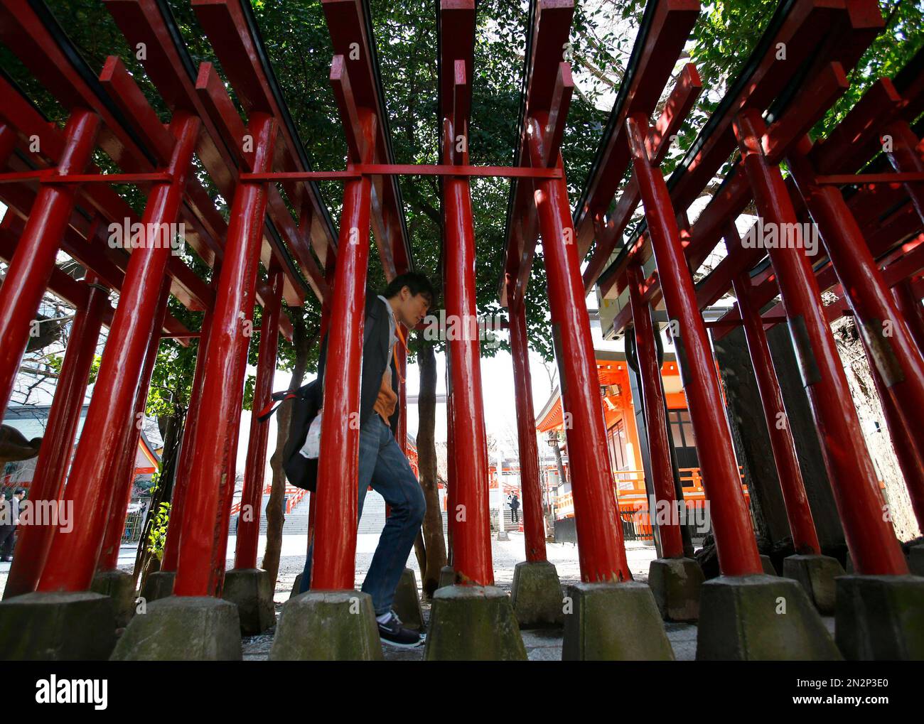 A man walks through a line of torii gates at Hanazono Shrine in Tokyo's ...