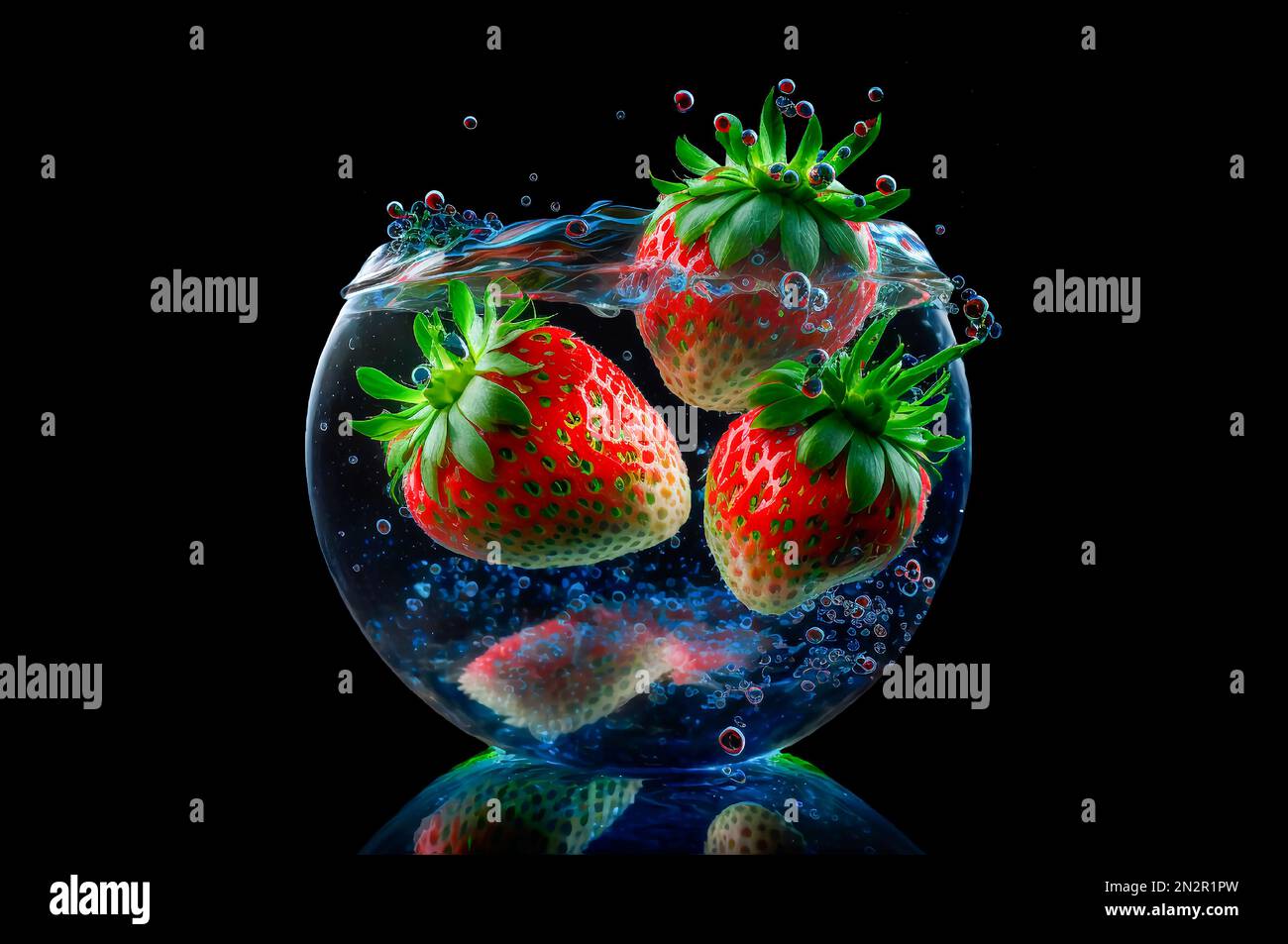 Nahaufnahme von vier Erdbeeren in einer Schüssel mit Wasser Stockfoto