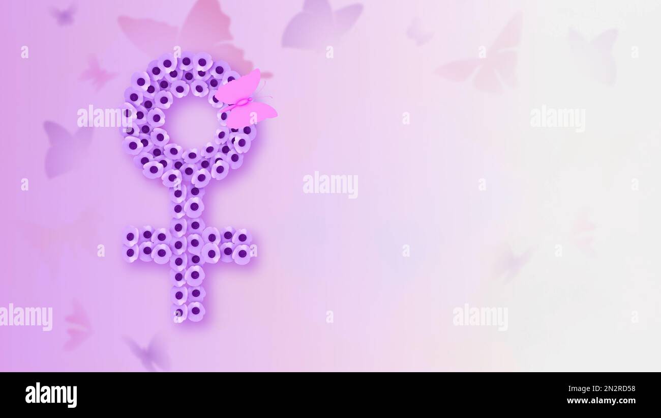 Wir feiern den Internationalen Frauentag, ein Symbol für das Geschlecht mit einem Schmetterling Stockfoto