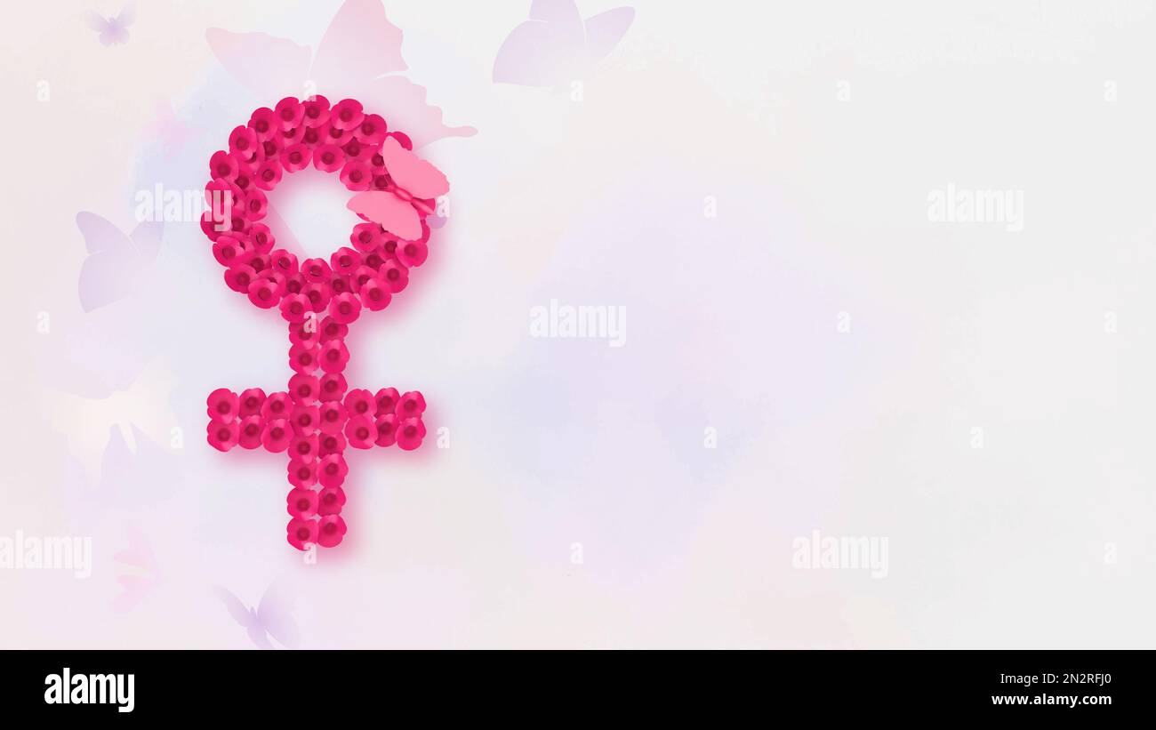 Frauensymbol mit Schmetterling, Konzept des Internationalen Frauentags Stockfoto