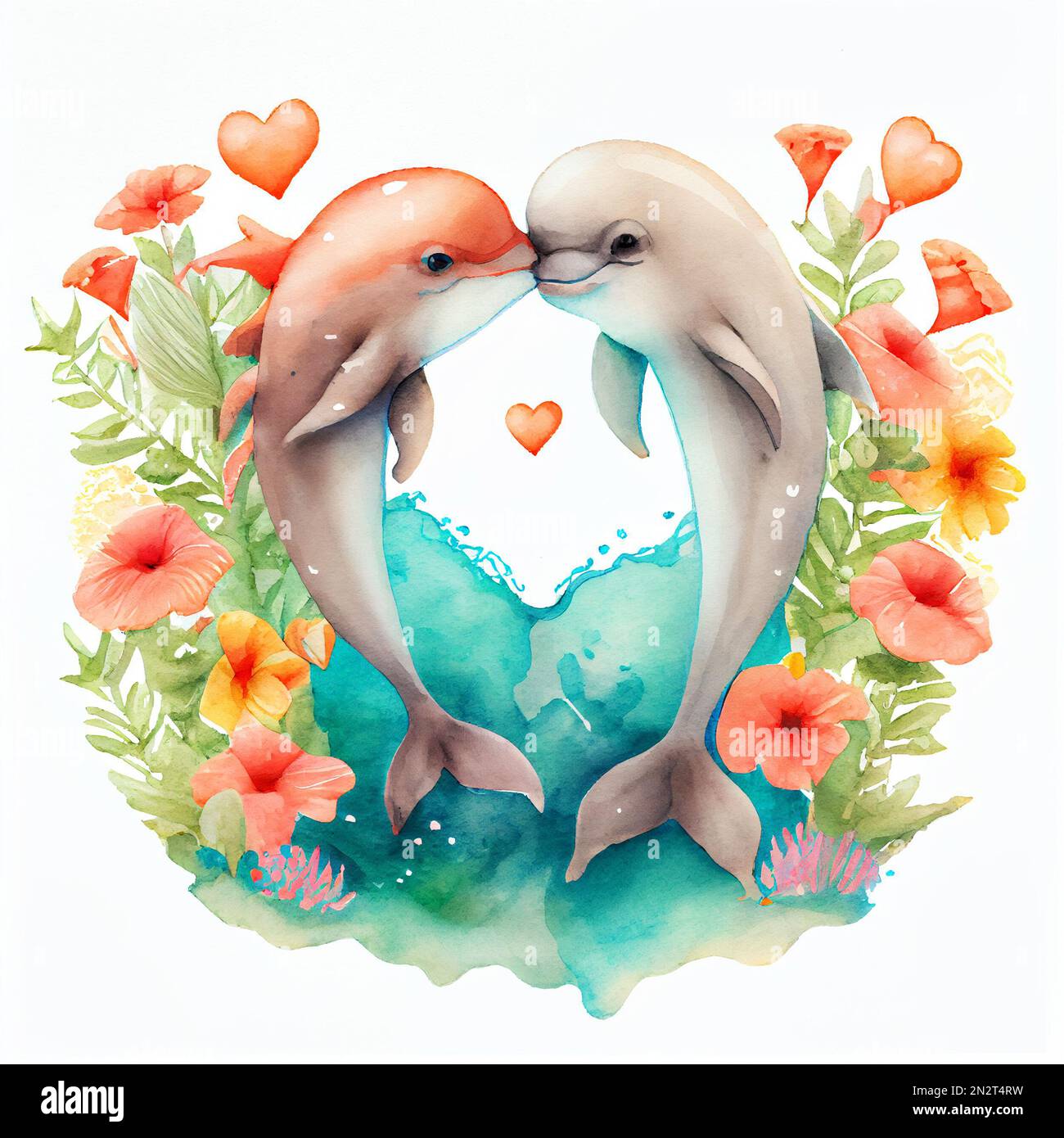 Aquarelle, verliebte Delfine, Gemälde von zwei liebenden Tieren küssen sich im Meer mit Herzen und Blumen in Wasserwellen. Valentinstag-Grußkarte, Romantik Stockfoto