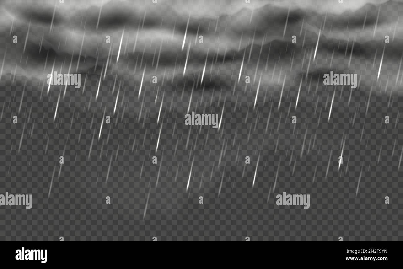 Hintergrund für Regentage. Nasses Wetter, regnerischer Himmel mit Wolken und herabfallenden Regentropfen. Isolierte Regenfälle überlagern eine realistische Vektordarstellung Stock Vektor