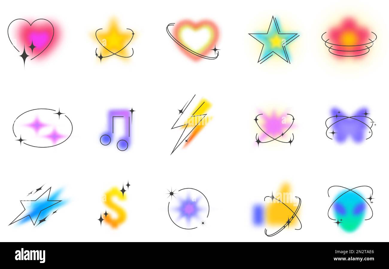 Unscharfe Verlaufsformen. Minimalistisches Y2K-Ästhetik-Herz, Retro-Schmetterling und -Blume, funkelnder Stern, verschwommenes Alien und Vektorset mit Musiksymbolen Stock Vektor