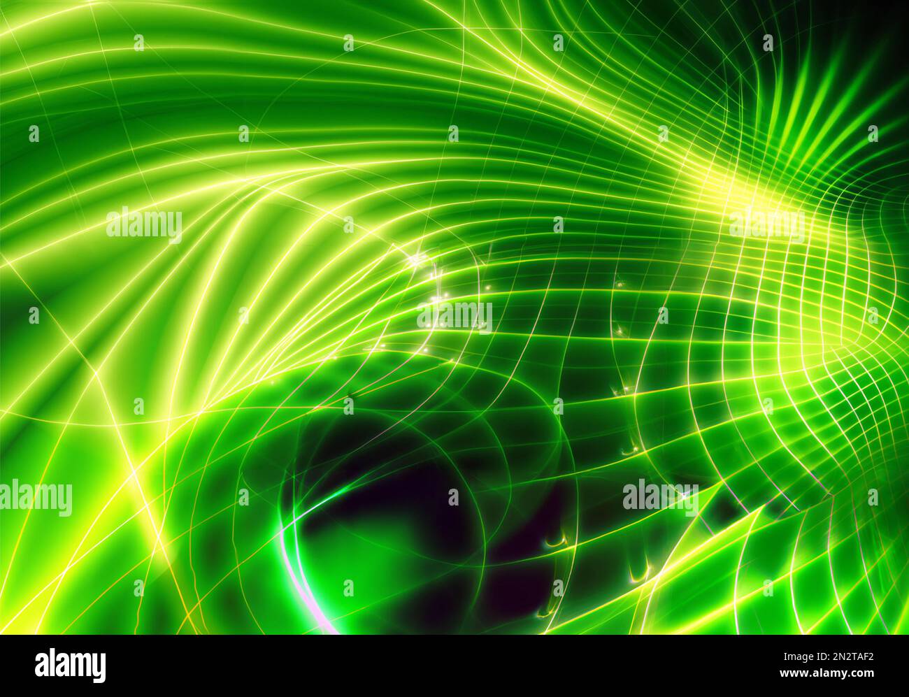 Abstrakter futuristischer grüner Hintergrund mit leuchtenden Neonlinien, die in der Dunkelheit geometrische Ornamente bilden Stockfoto