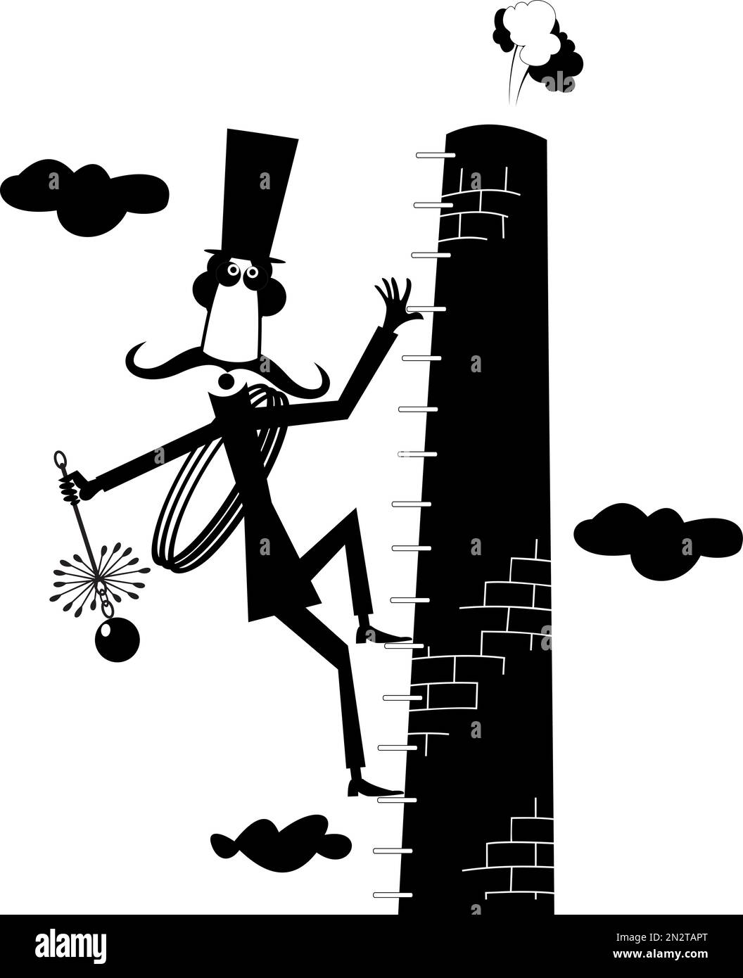 Der Schnurrbart-Kaminkehrer im Hut mit dem Seil und der Kaminbürste klettert auf das Ofenrohr, schwarz auf weiß Stock Vektor
