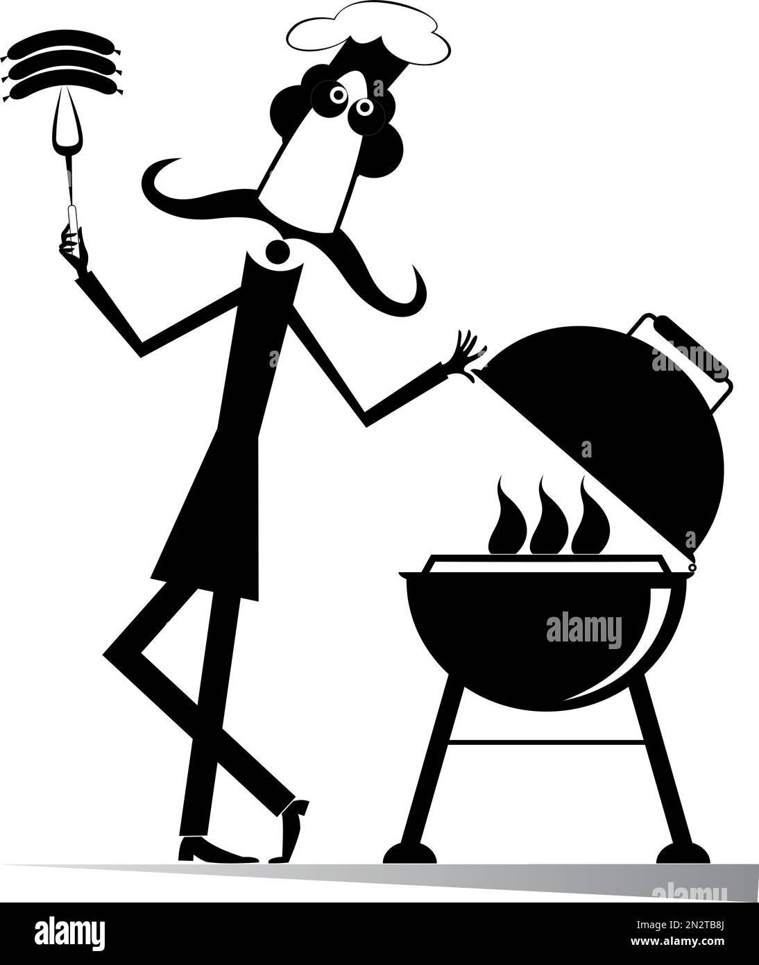 Schnurrbart-Comic-Koch isolierte Illustration. Comic langer Schnurrbart Kochen Braten Würstchen und Steaks auf dem Grill Schwarz auf Weiß Illustration Stock Vektor