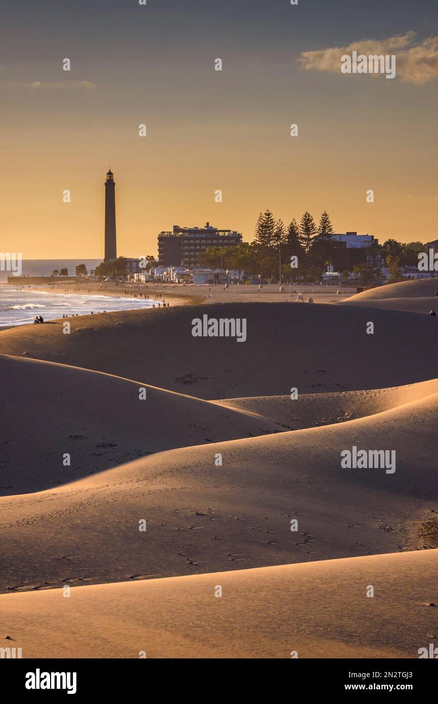 Blick auf den Leuchtturm von Maspalomas von den Dünen bei Sonnenuntergang, Gran Canaria, Kanarische Inseln, Spanien Stockfoto