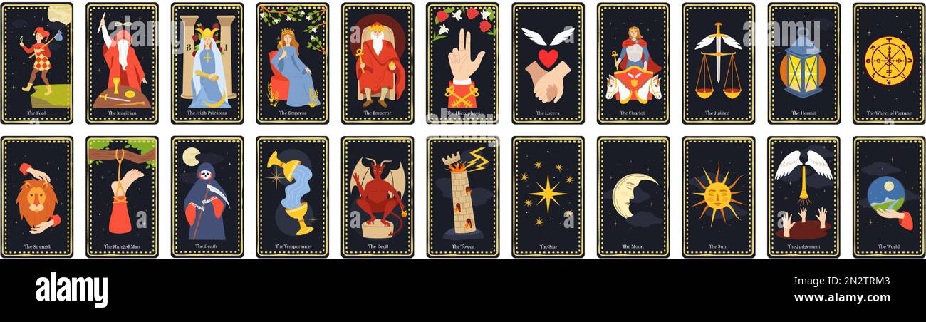 Große Arcana-Tarotkarten. Okkultes Deck für die Enthüllung mit Wagen, Narr, Zauberer und Glücksrad-Vektor-Set Stock Vektor