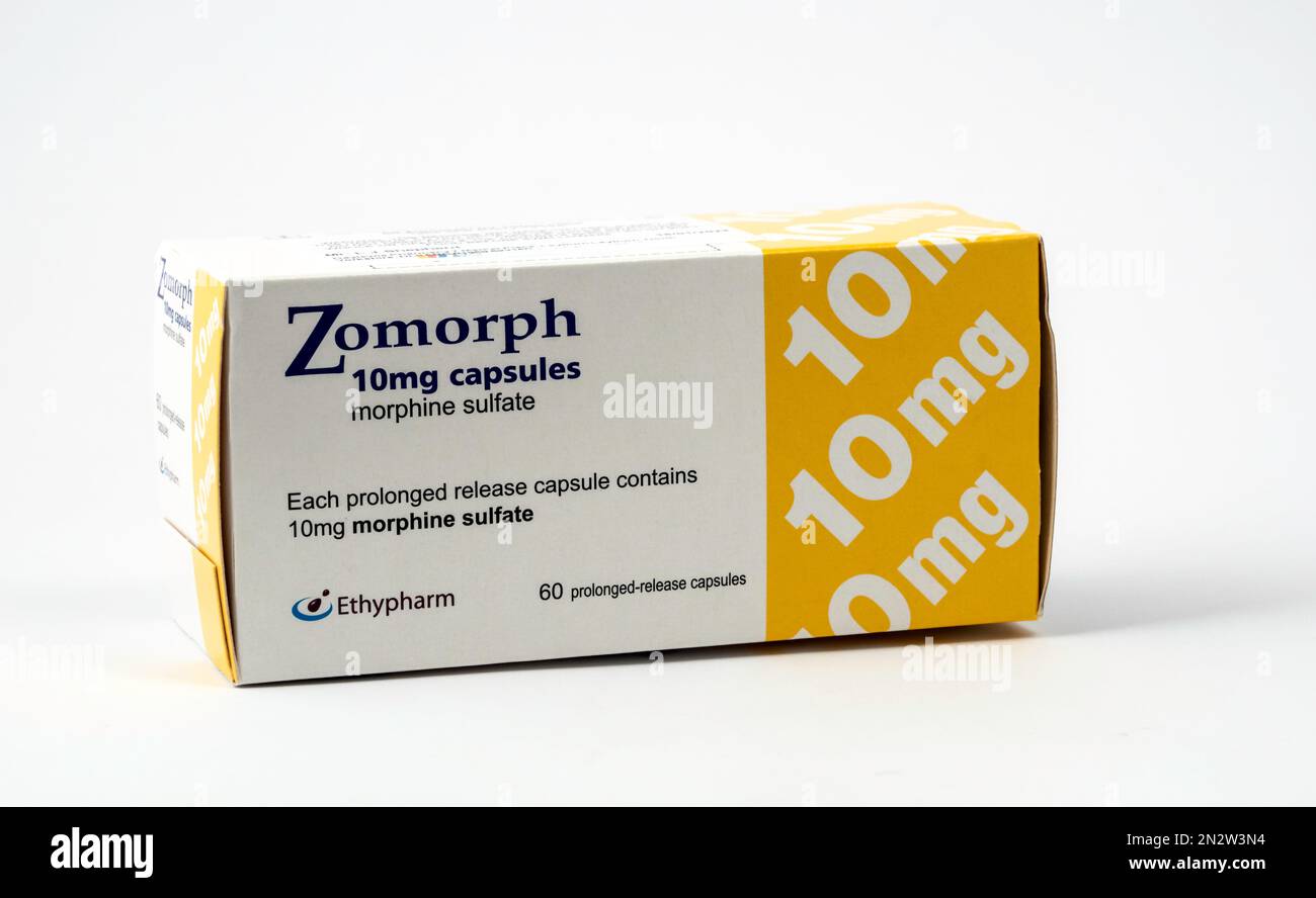 Zomorph Kapseln. Ein langsam freigesetztes Opioid-Schmerzmittel gegen starke Schmerzen. Stockfoto