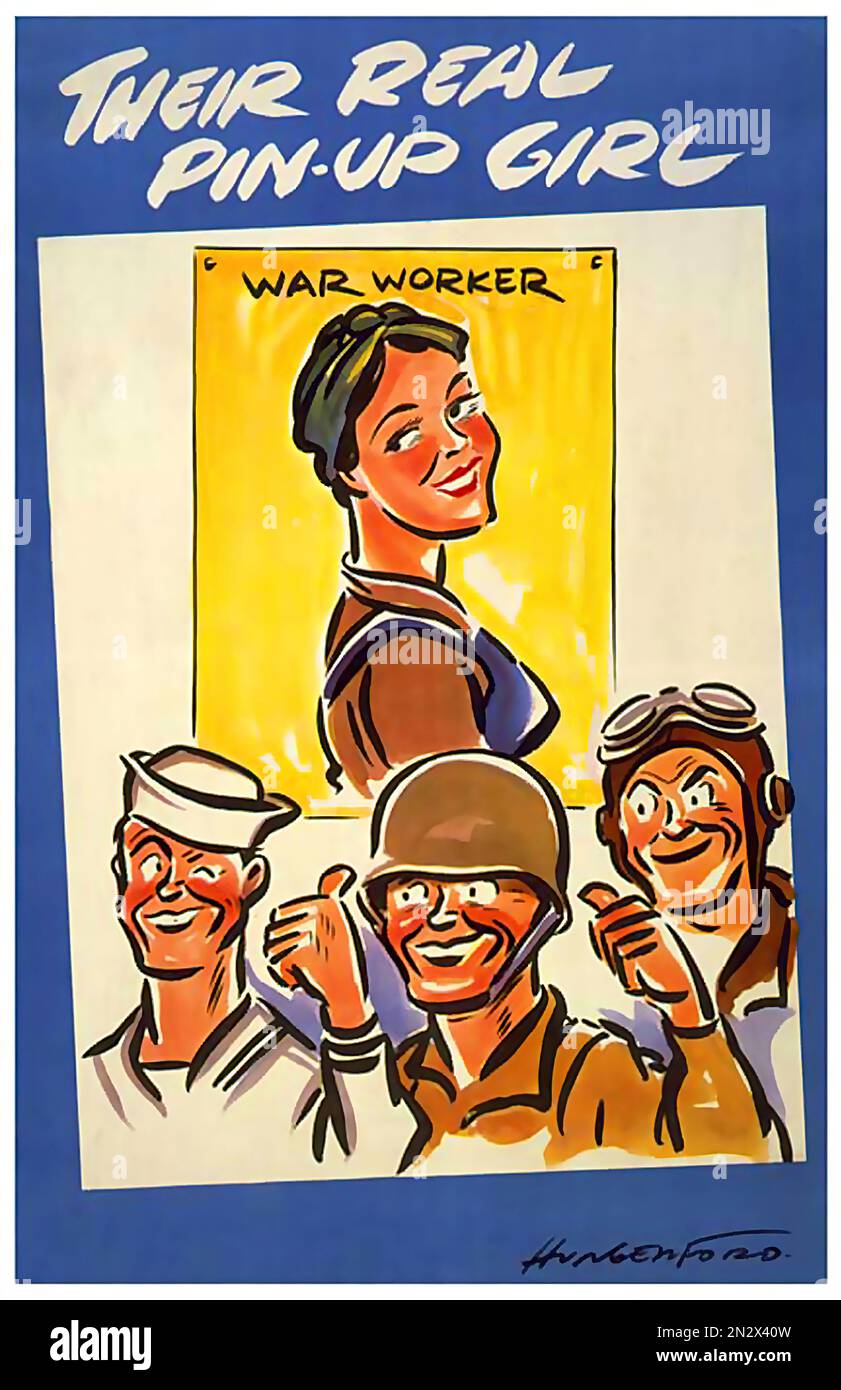 Kriegsarbeiter! Real Pin-up Girl - 2. Weltkrieg - Comic-US-Propaganda-Poster Stockfoto