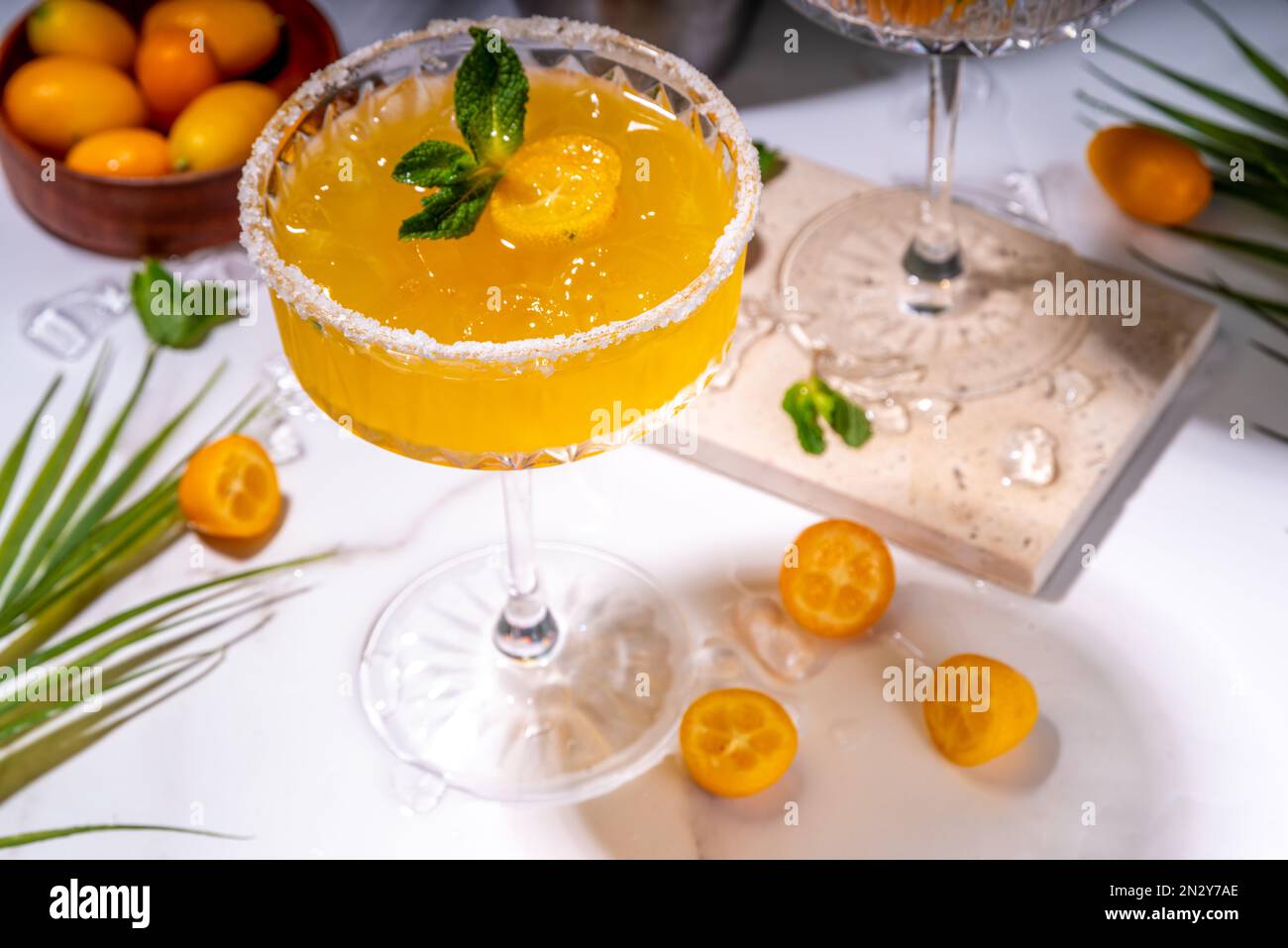 Süßer und gesalzener Kumquat margarita-Cocktail garniert mit Kumquat-Scheiben und Minze, auf Marmor und dunkelgrünen tropischen Palmen dekorierter Hintergrundkopie Stockfoto