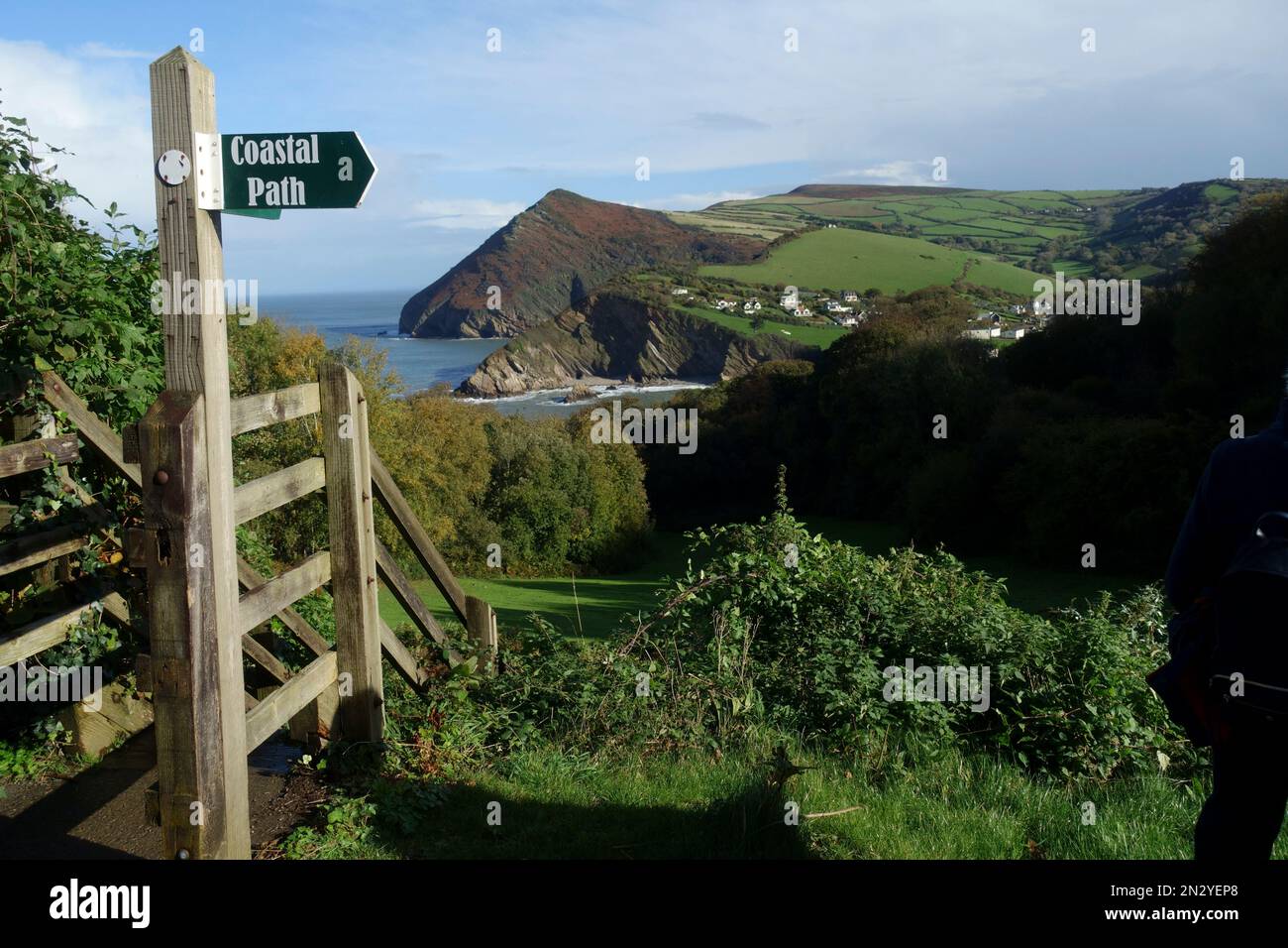 Wegweiser für Küstenpfade mit Devon Coast im Hintergrund UK Stockfoto