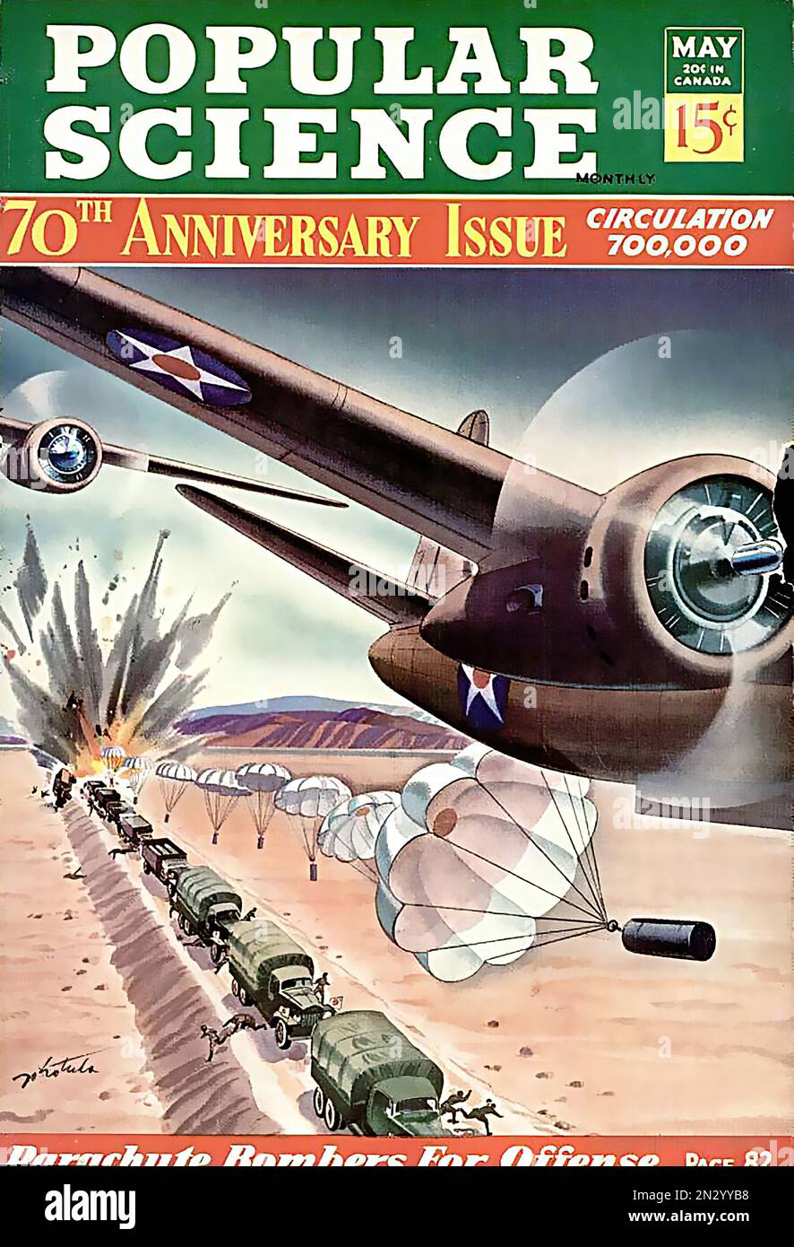 Beliebte Wissenschaft - 1942 Fallschirmbomben! - Titelseite des amerikanischen Magazins im Zweiten Weltkrieg Stockfoto