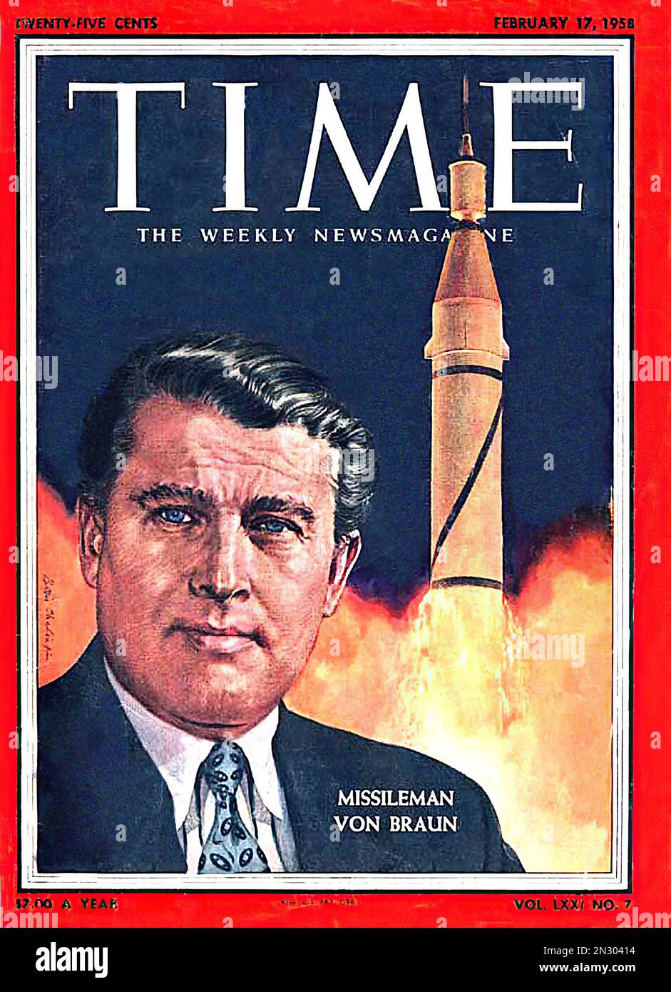 Time Magazine - Werner von Braun Februar 17. 1958 - Titelseite des amerikanischen Vintage-Magazins Stockfoto