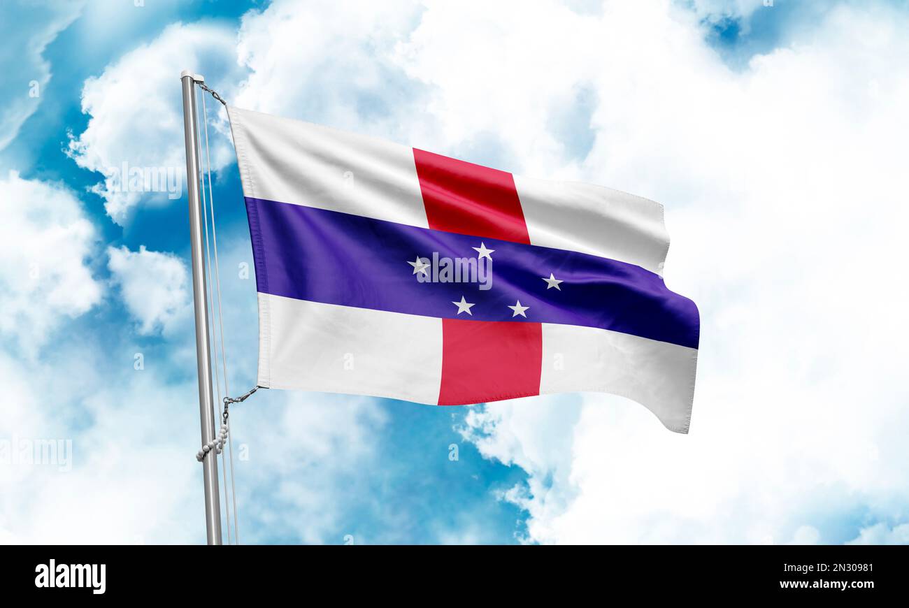 Die Flagge der Niederländischen Antillen winkt auf dem Hintergrund des Himmels. 3D-Rendering Stockfoto