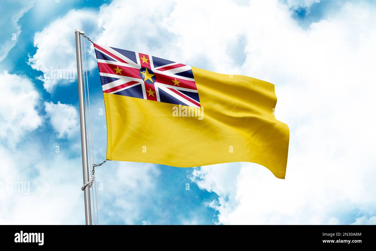 Die Niue-Flagge winkt auf dem Hintergrund des Himmels. 3D-Rendering Stockfoto
