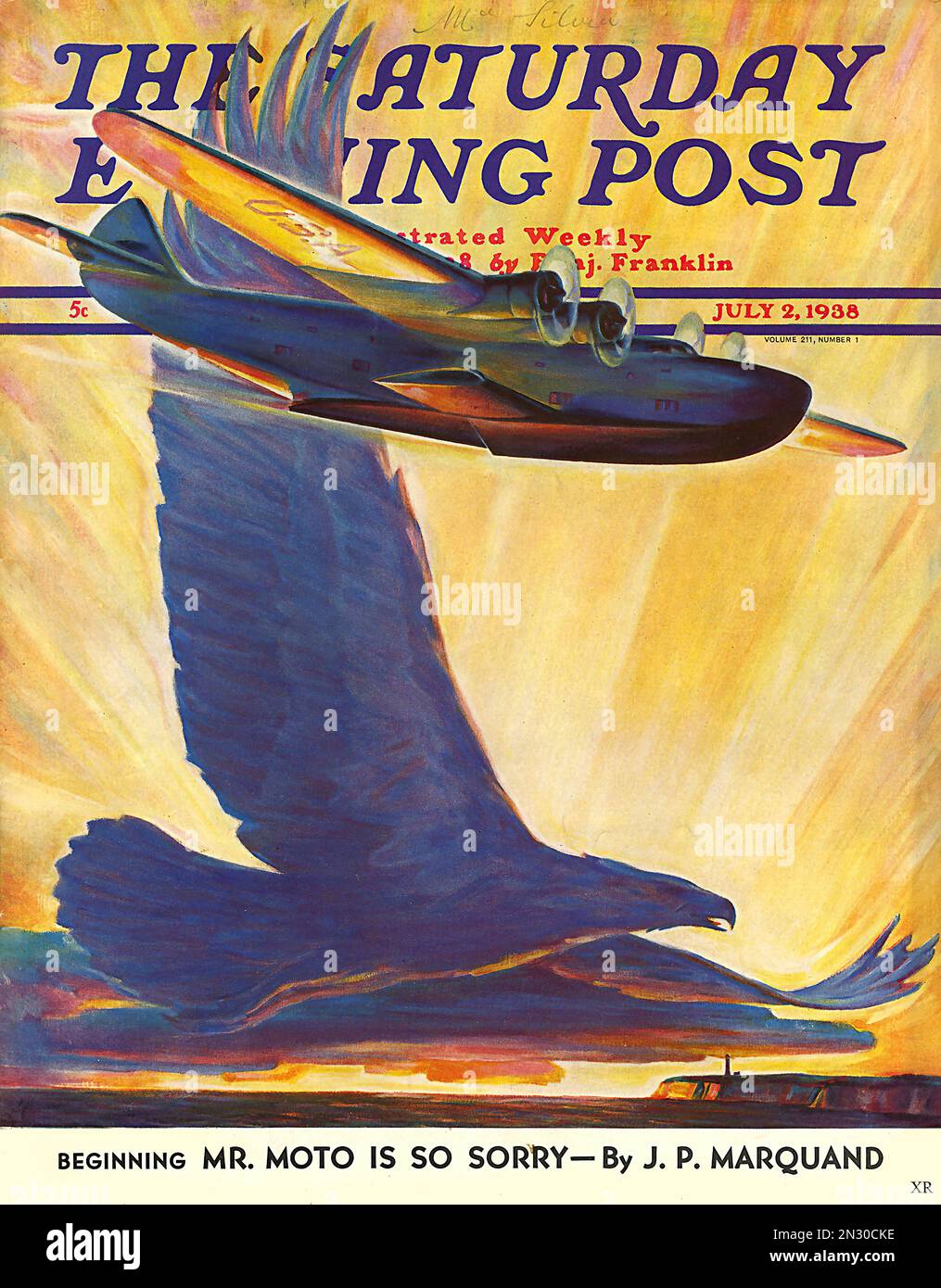 1938 Clipper und Adler The Saturday Evening Post – Titelseite des amerikanischen Vintage Magazins Stockfoto