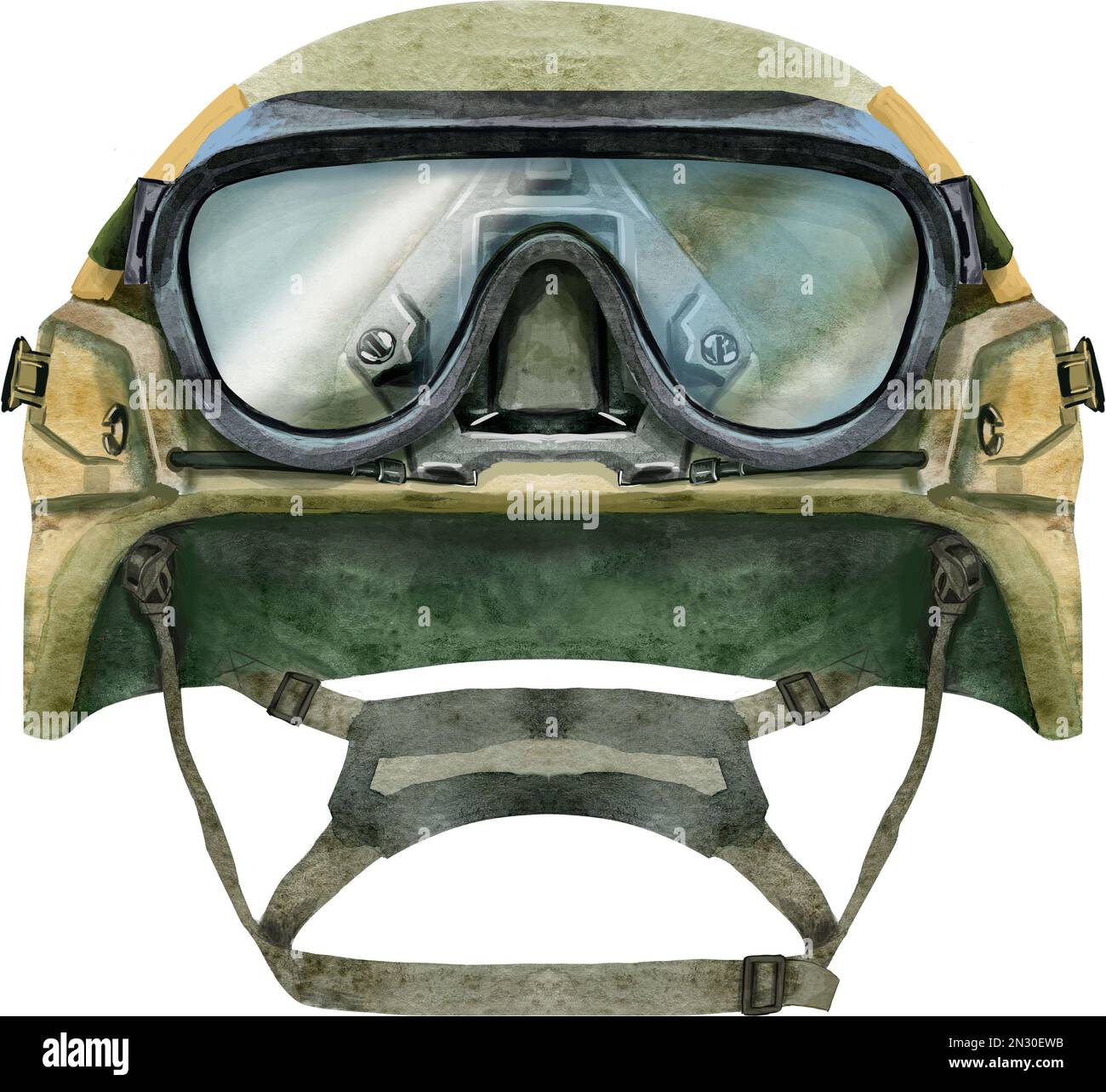 Aquarell Militärhelm mit Schutzbrille. Für Kleidungsdesign Stockfoto