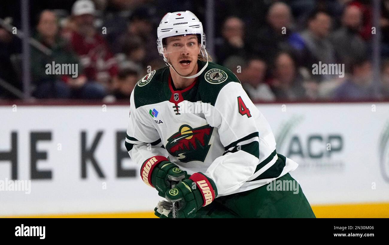 Minnesota Wild defenseman Jon Merrill (4) in the first period during an