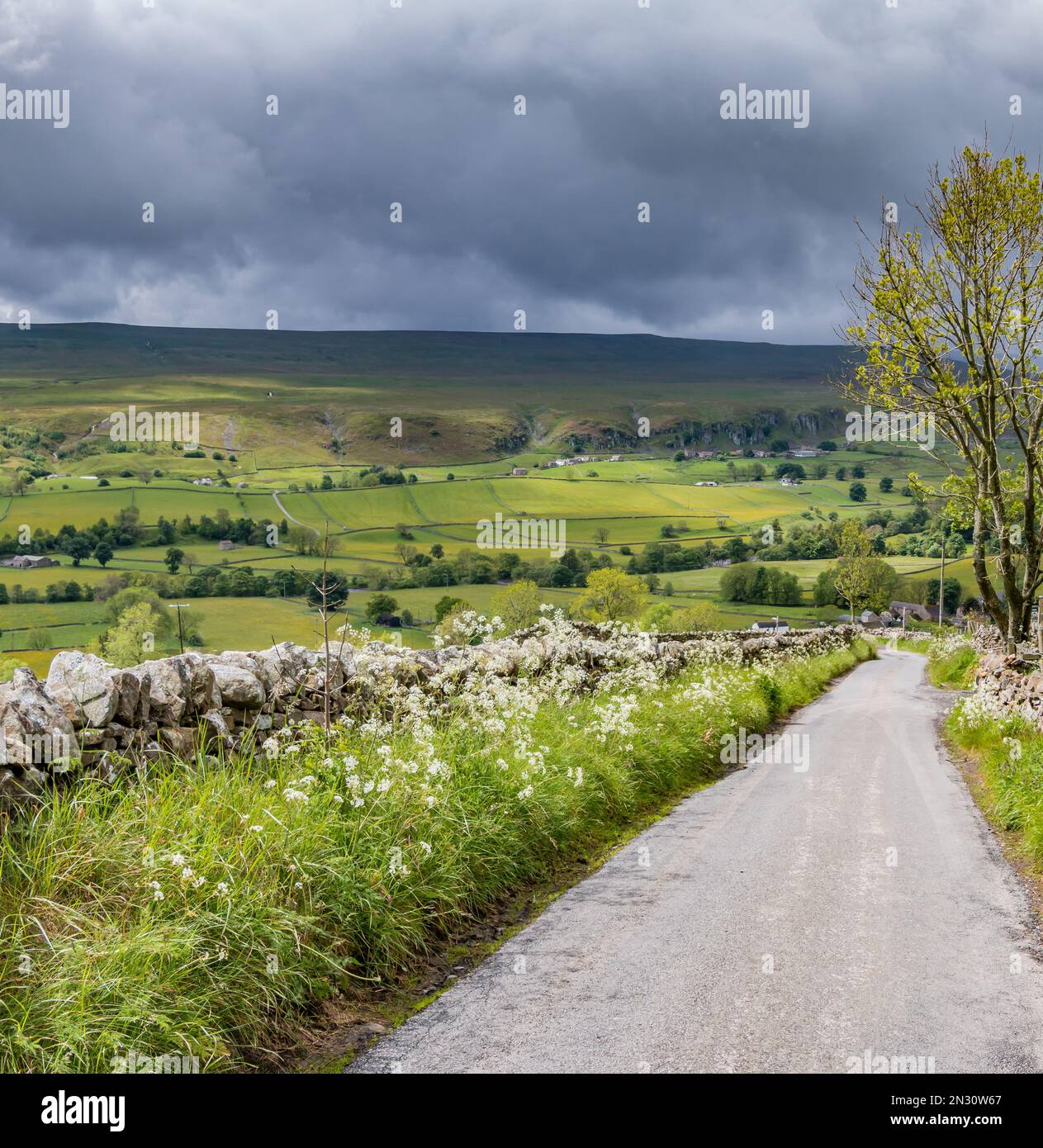 Etwas Vordergrundhelligkeit und Sonnenschein auf Holwick in der Ferne in dieser Aussicht auf die Miry Lane, Newbiggin. Stockfoto