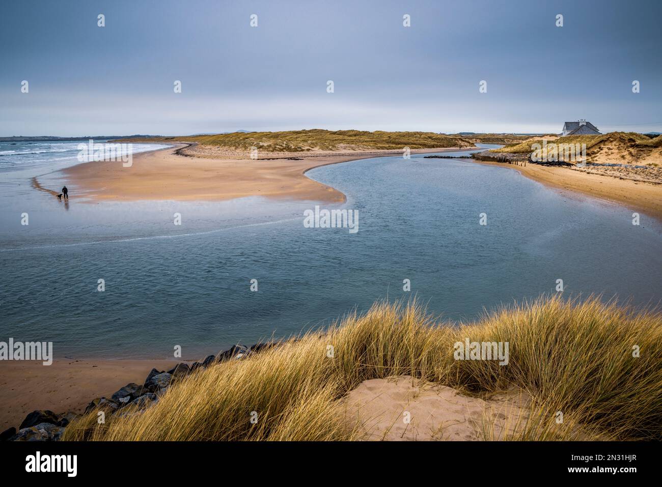 Afon Crigyll und Traeth Crigyll aus den Sanddünen von Rhosneigr auf der Insel Anglesey, Nordwales Stockfoto