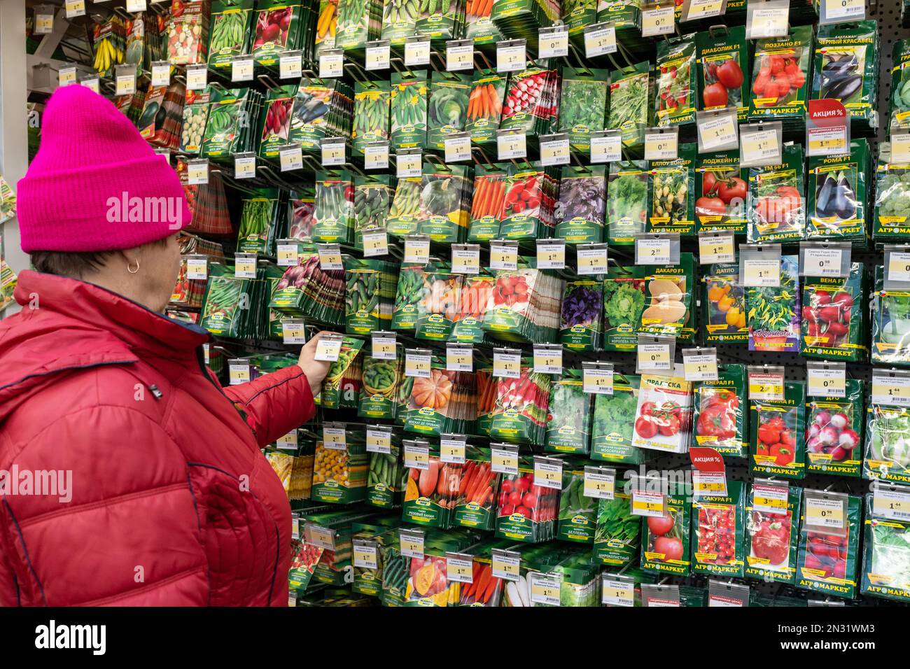 Samen verschiedener Gemüsesorten, Kräuter und grüne Salate werden im Geschäft verkauft. Käufer wählen Gemüsesaatgut in einem Geschäft aus einem großen Sortiment. Stockfoto