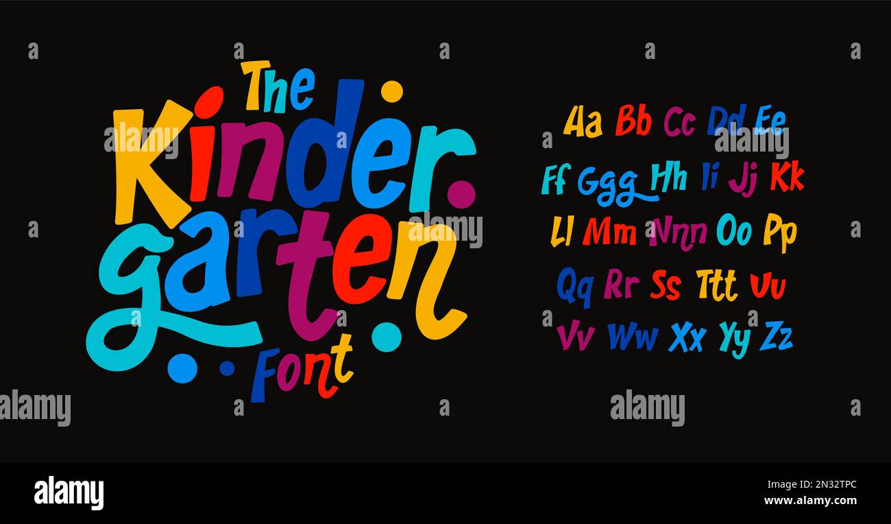 Kindergarten farbenfrohes Alphabet, kinderfarbene ohne Serifenbriefe, fröhliche Festivalschriftart für leuchtendes Fiesta Logo, mexikanische Überschrift, Geburtstag und Begrüßung Stock Vektor