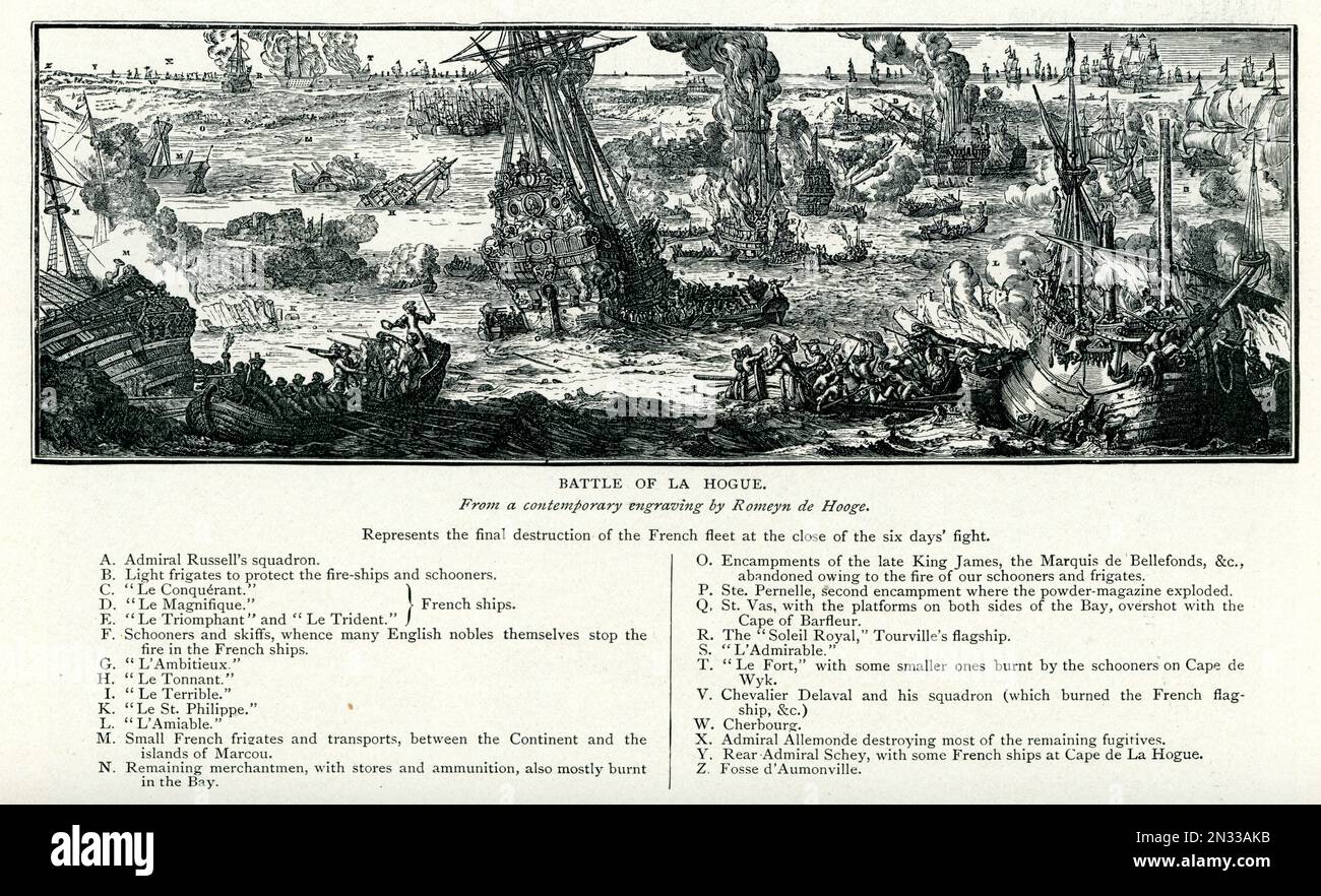 Vintage-Illustrationen nach Romeyn de Hooge, Schlacht von La Hougue oder La Hogue während des 9-jährigen Krieges 1692, Militärgeschichte der Marine Stockfoto
