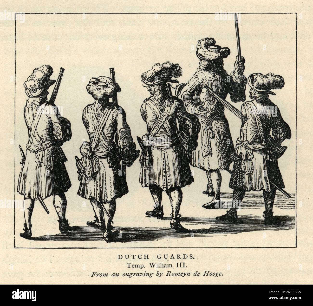 Alte Illustration der Dutch Guards Temp William III, Infanterie-Soldaten aus dem 17. Jahrhundert mit Musketen, Militärgeschichte Stockfoto