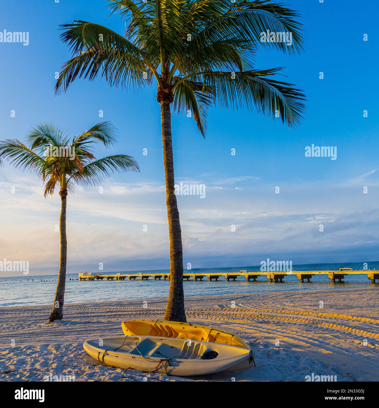 Kajaks am Sand Covered Beach im Higgs Beach Memorial Park, Key West, Florida, USA Stockfoto