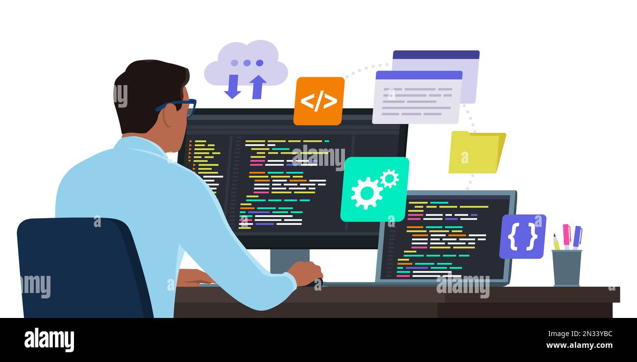 Softwareentwickler, der am Schreibtisch sitzt und mit Computern arbeitet, prüft den Code Stock Vektor