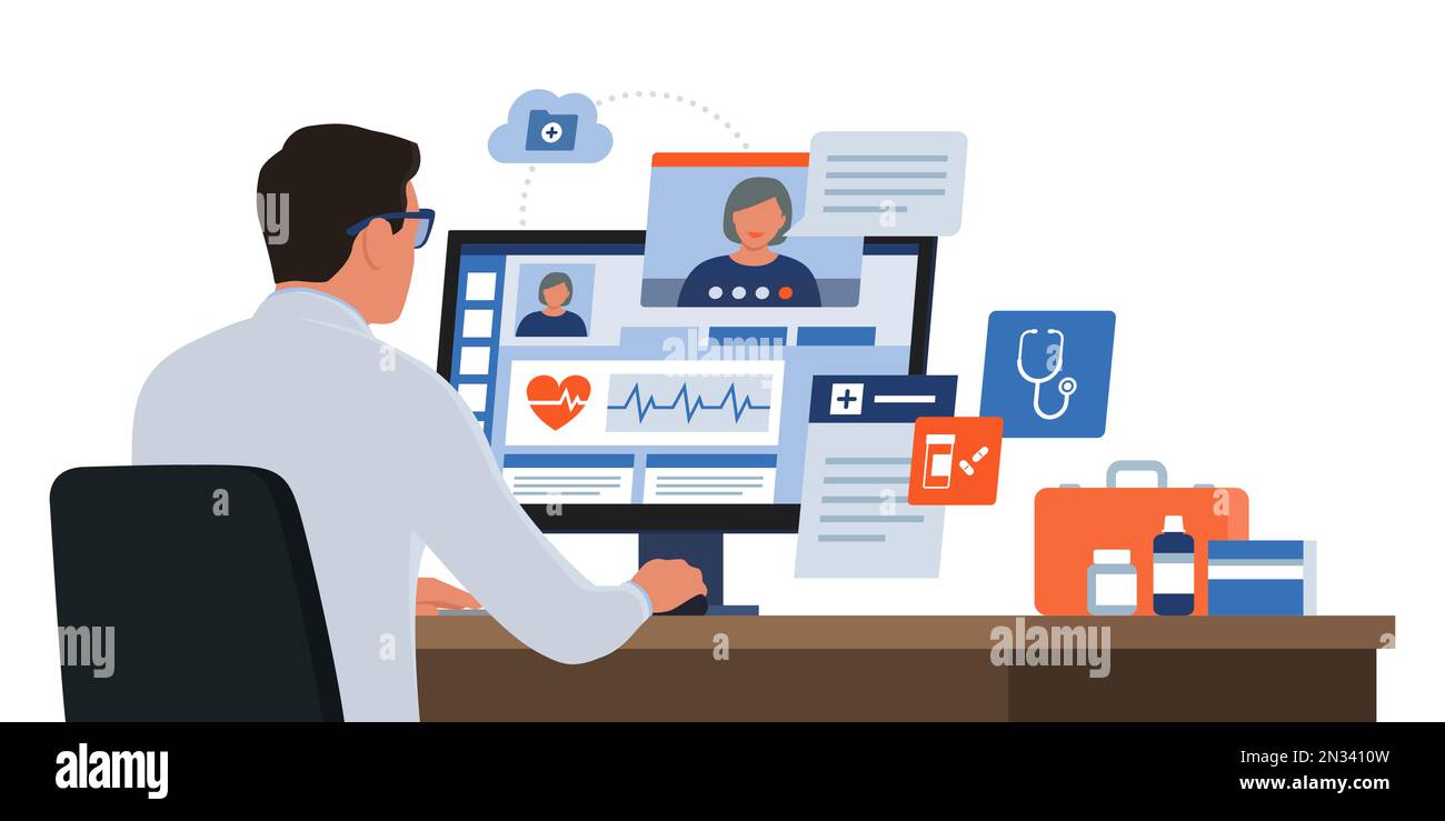 Online-Arzt im Gespräch mit einem Patienten auf einem Videoanruf, er gibt eine Beratung und verschreibungspflichtige Medizin, telemedizinische Konzept Stock Vektor