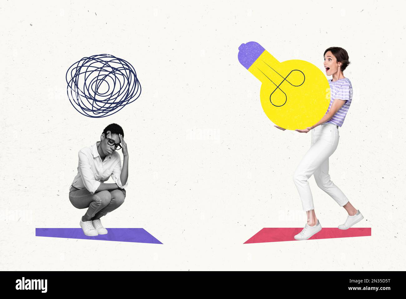 Collage minimalistisches Foto-Poster von zwei Personen, die Probleme gemeinsam lösen, isoliert auf gemaltetem Hintergrund Stockfoto